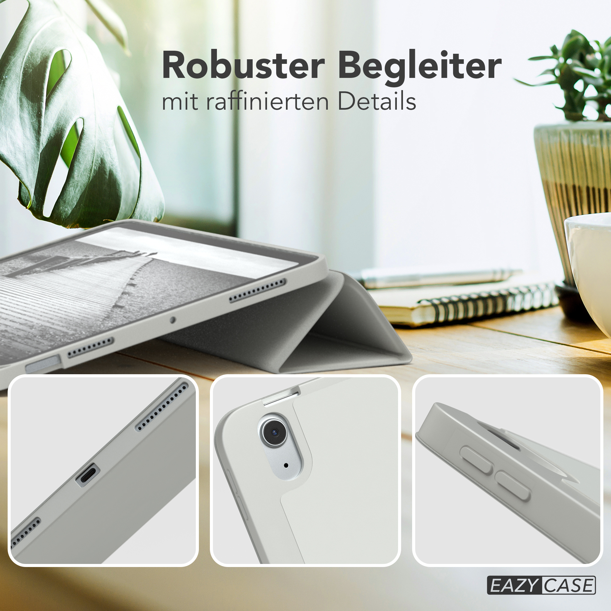 Graue Tablet-Hülle mit gefaltetem Frontcover, mit Detailaufnahmen von Anschlüssen und Knöpfen.