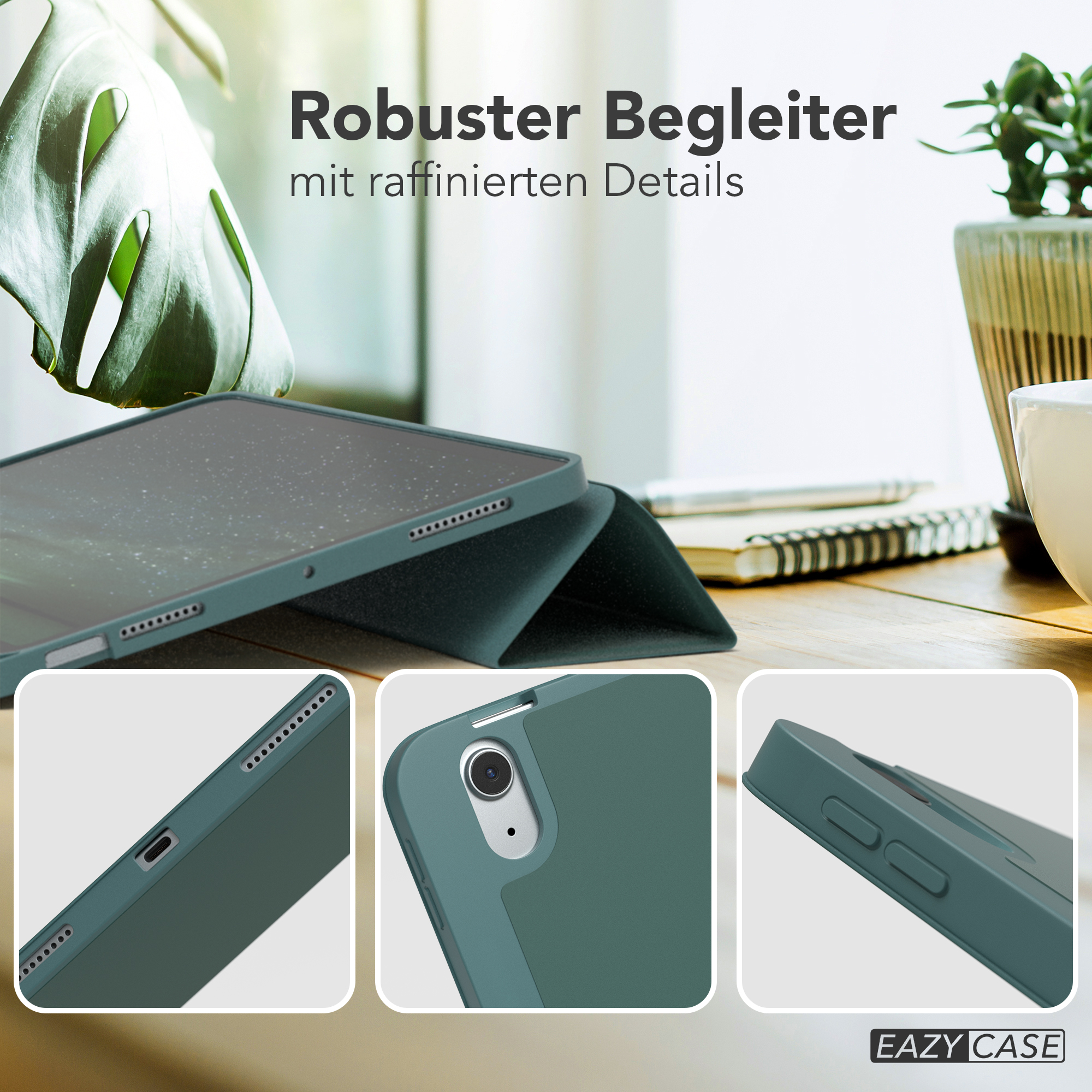 Tablethülle, dunkelgrün mit Tablet. Details: Seitenansicht, Anschluss, Tastenansicht, Logo.