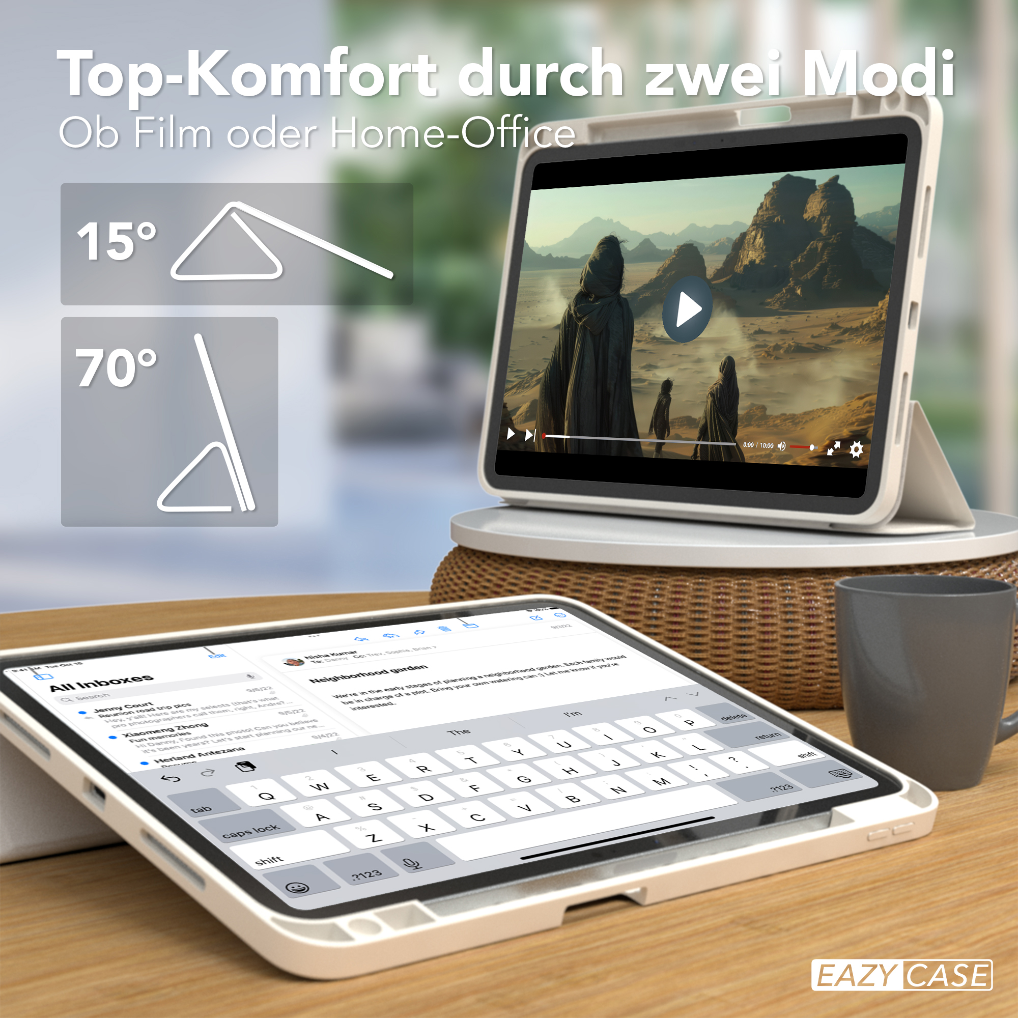 Ein iPad mit Tastaturhülle, das eine Video- und eine Tastaturansicht zeigt.