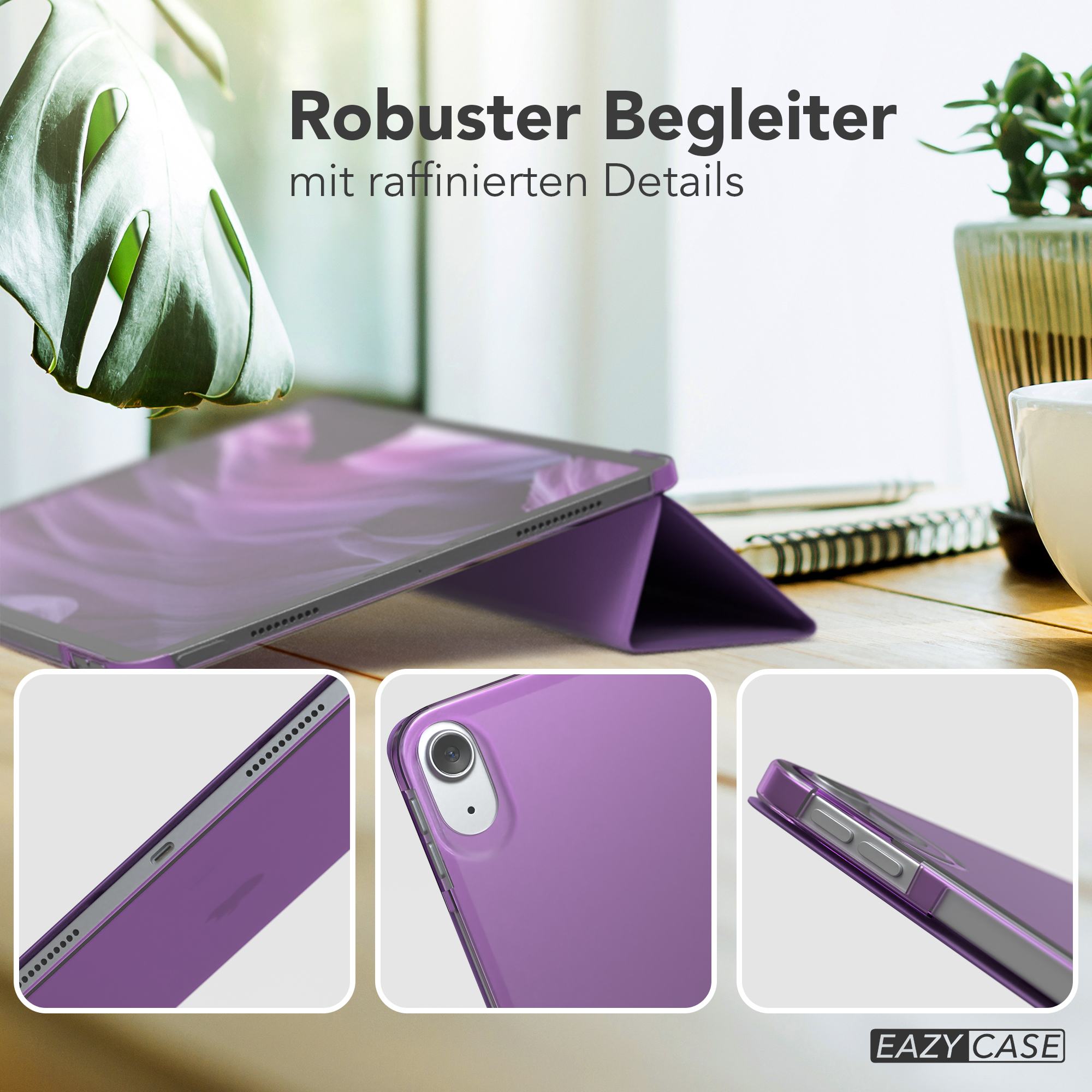 Lila iPad-Hülle mit Details. Texte auf Deutsch. Drei Nahaufnahmen der Hülle. Holztisch.