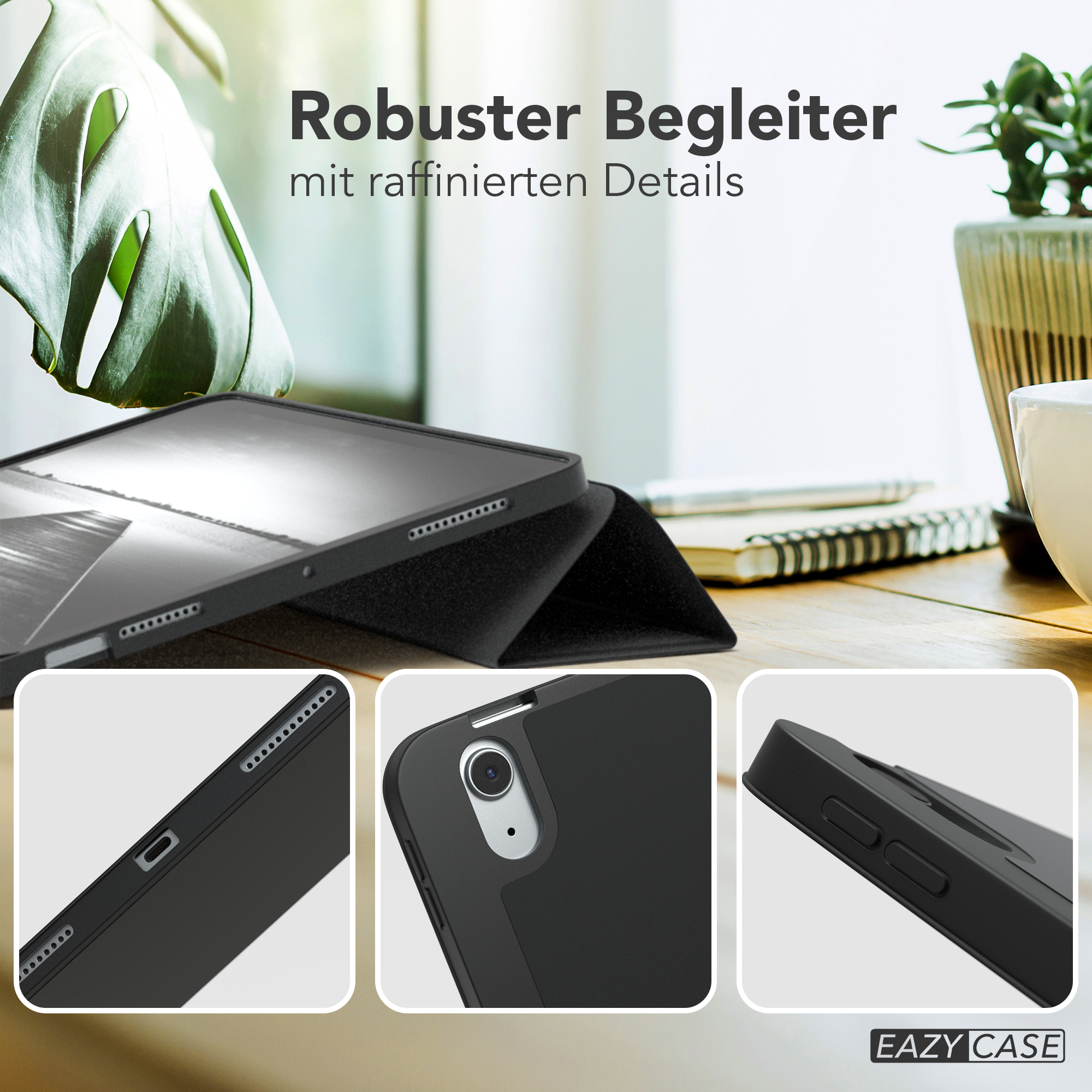 Eine offene schwarze Tablethülle mit Tablet darin. Nahaufnahmen zeigen Details der Hülle.