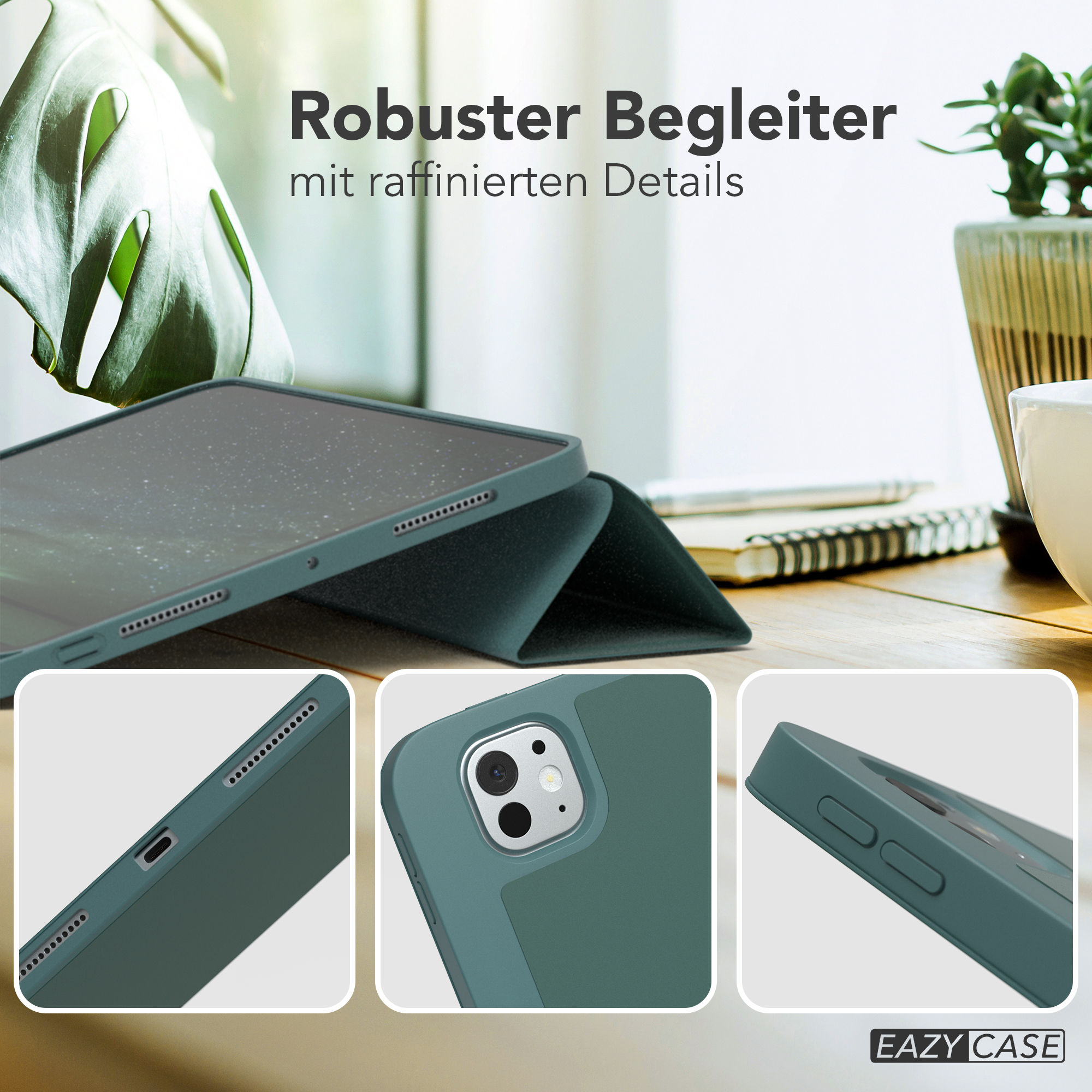 Eine türkisblaue iPad-Hülle mit Details. Mehrere Nahaufnahmen zeigen die Eigenschaften der Hülle auf einem Holztisch.