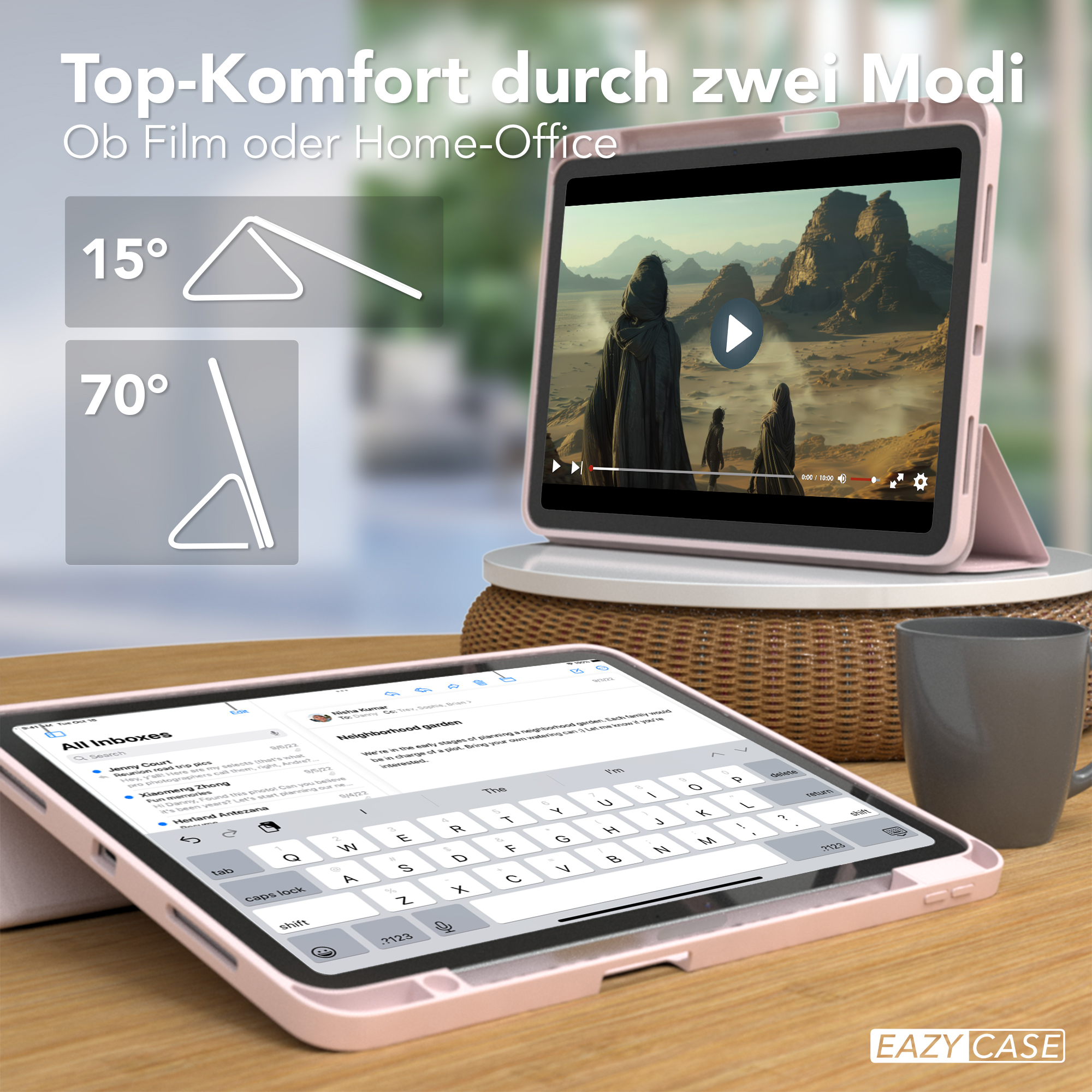 Tablet mit Tastatur und Video, mit zwei Winkeloptionen.