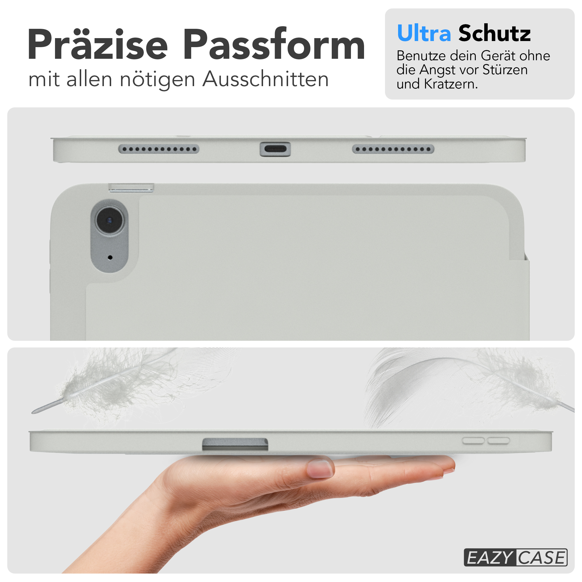 Weiße iPad-Hülle mit Schutzfunktionen. Oben, Seite und Hand, die sie hält. Weißer Hintergrund.