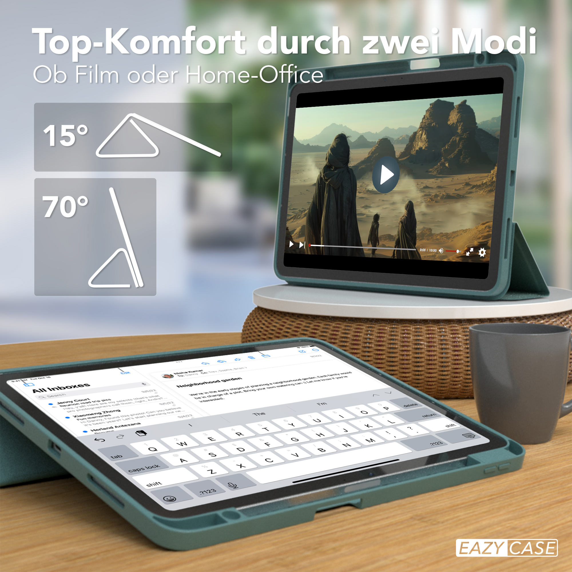 Zwei iPads in verschiedenen Positionen. Ein grauer Becher steht auf einem Holztisch. Der Hintergrund ist ein gemütliches Zuhause.