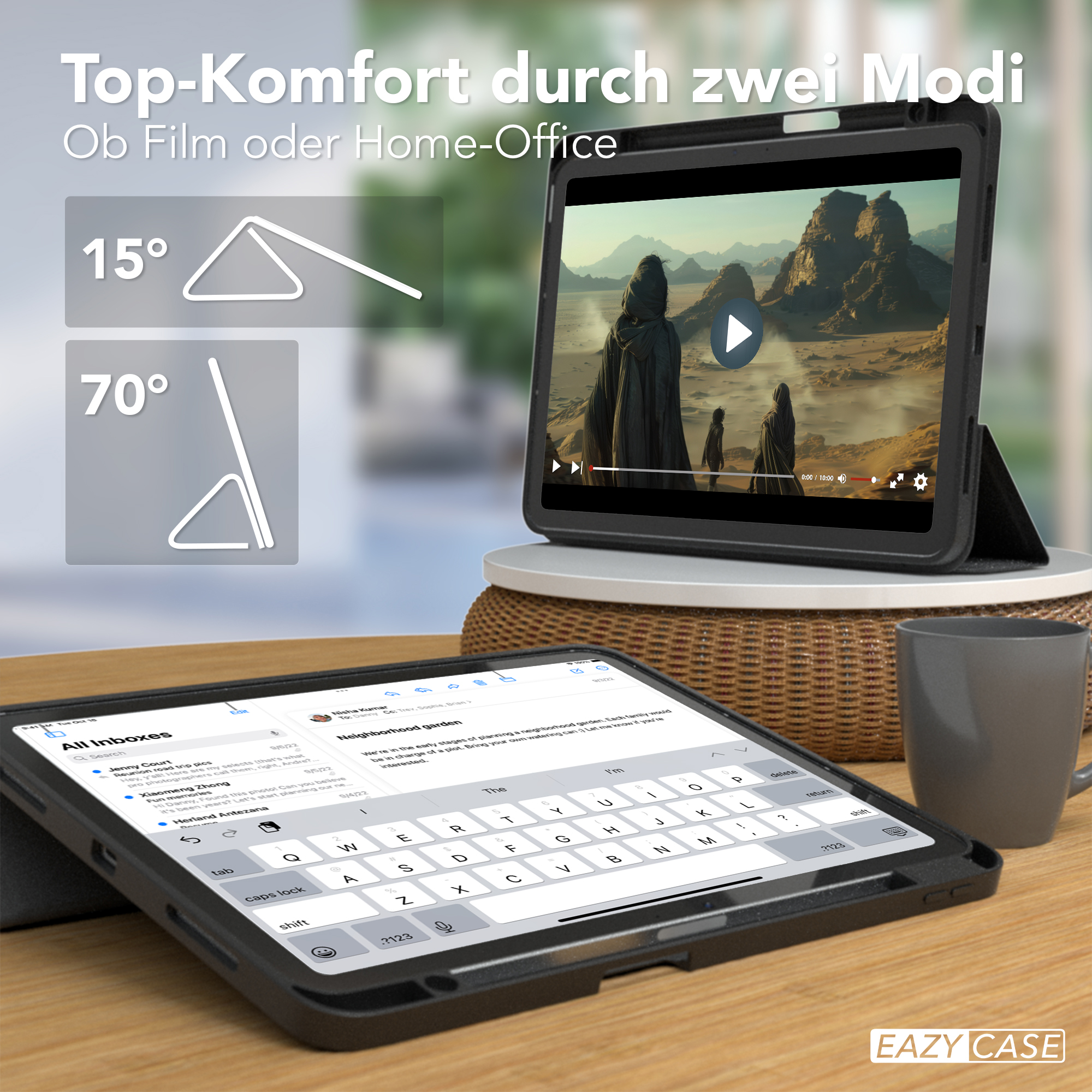 Tablet in schwarzem Gehäuse, auf einem Holztisch in zwei verschiedenen Winkeln aufgestellt, mit einer Kaffeetasse.
