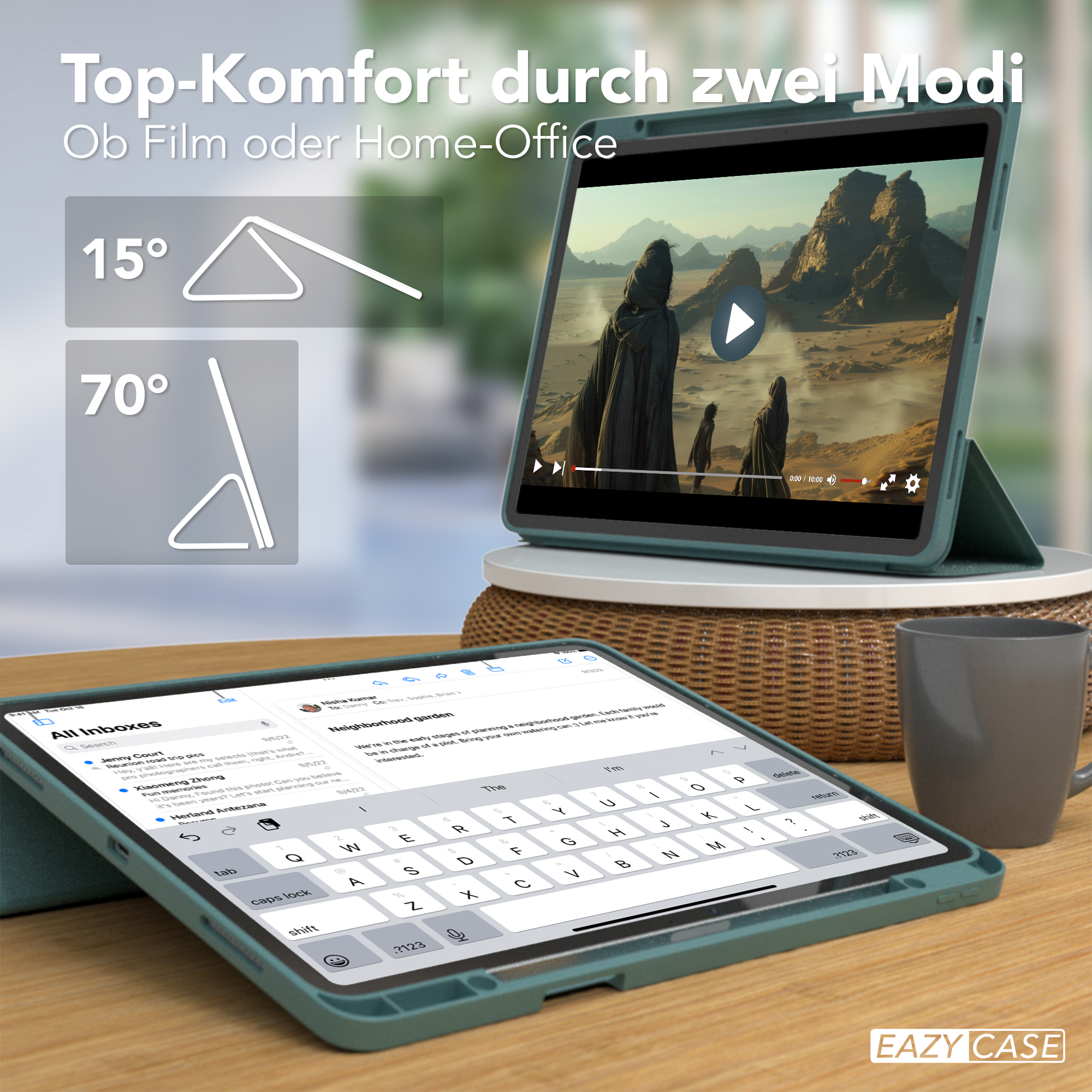 Tablet in grünem Gehäuse in zwei Positionen, mit Tastatur.
