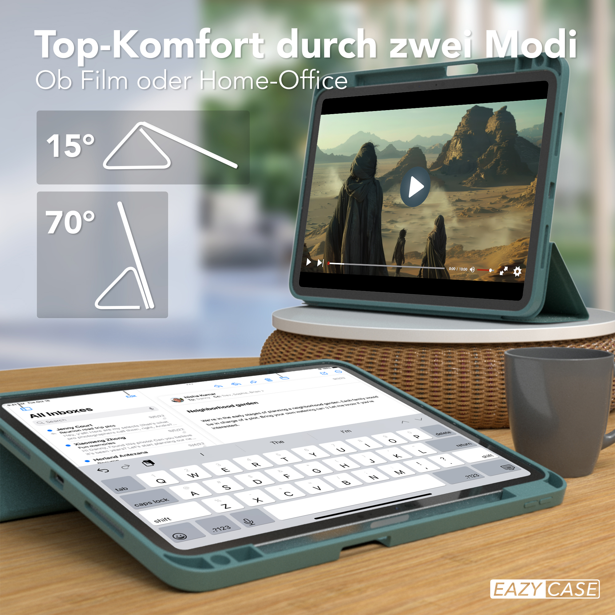 Tablet mit geöffneter App. Eine Tastatur und eine Tasse stehen auf dem Tisch.