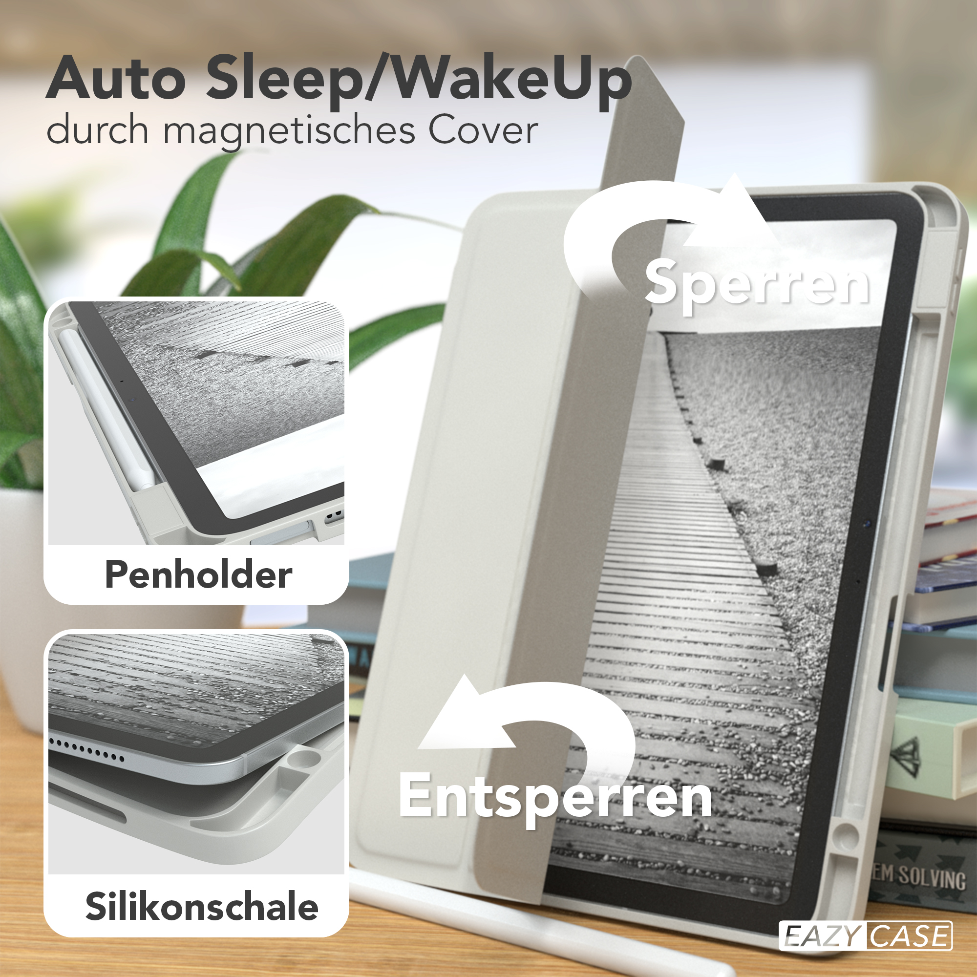 Weiße Tablethülle, offen. Zeigt Stifthalter und Silikon-Gehäuse Details.