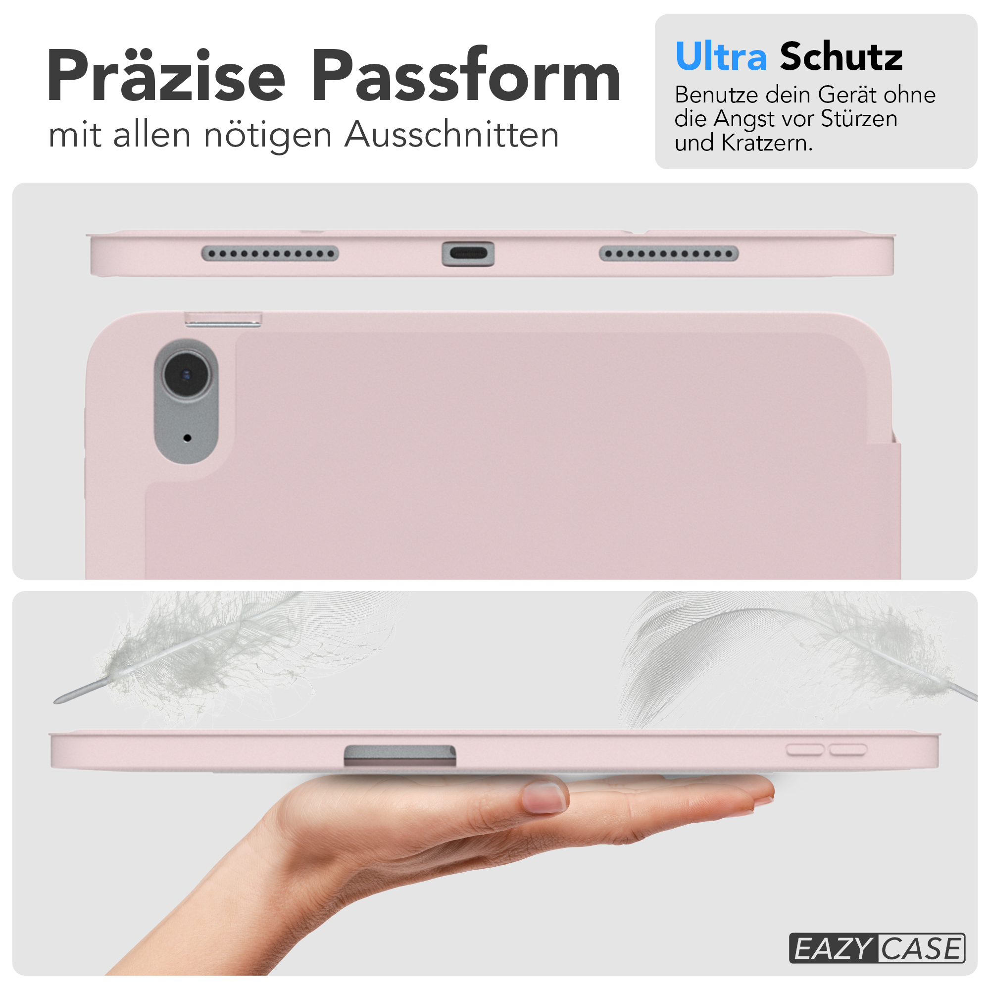 Rosa Tablethülle auf weißem Hintergrund, Produktdetails und Text auf Deutsch.