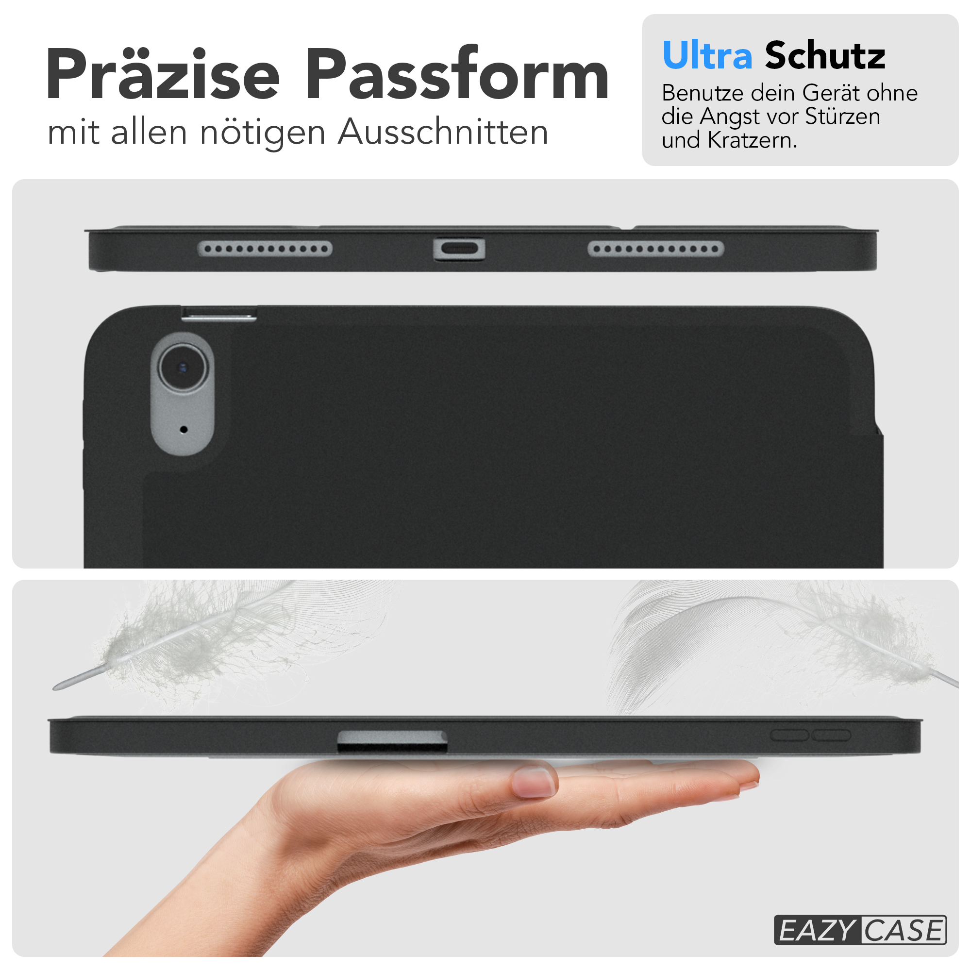 Schwarze Tablet-Hülle mit schwarzem Tablet. Text und Bild auf weißem Hintergrund.