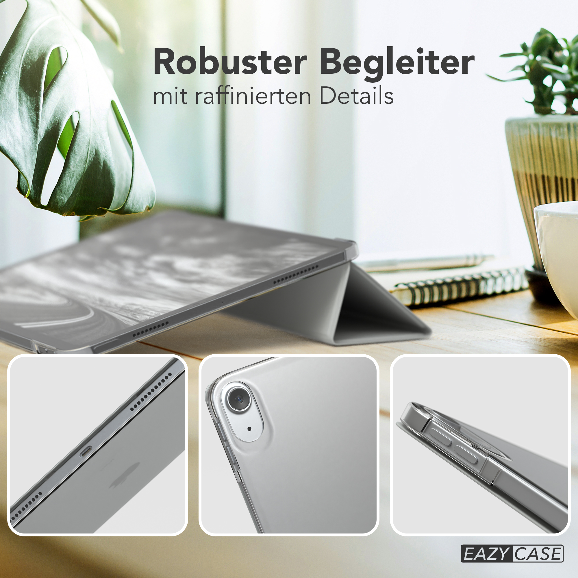 Eine geöffnete Tablethülle auf einer Holzoberfläche mit Details der Hülle und Text.