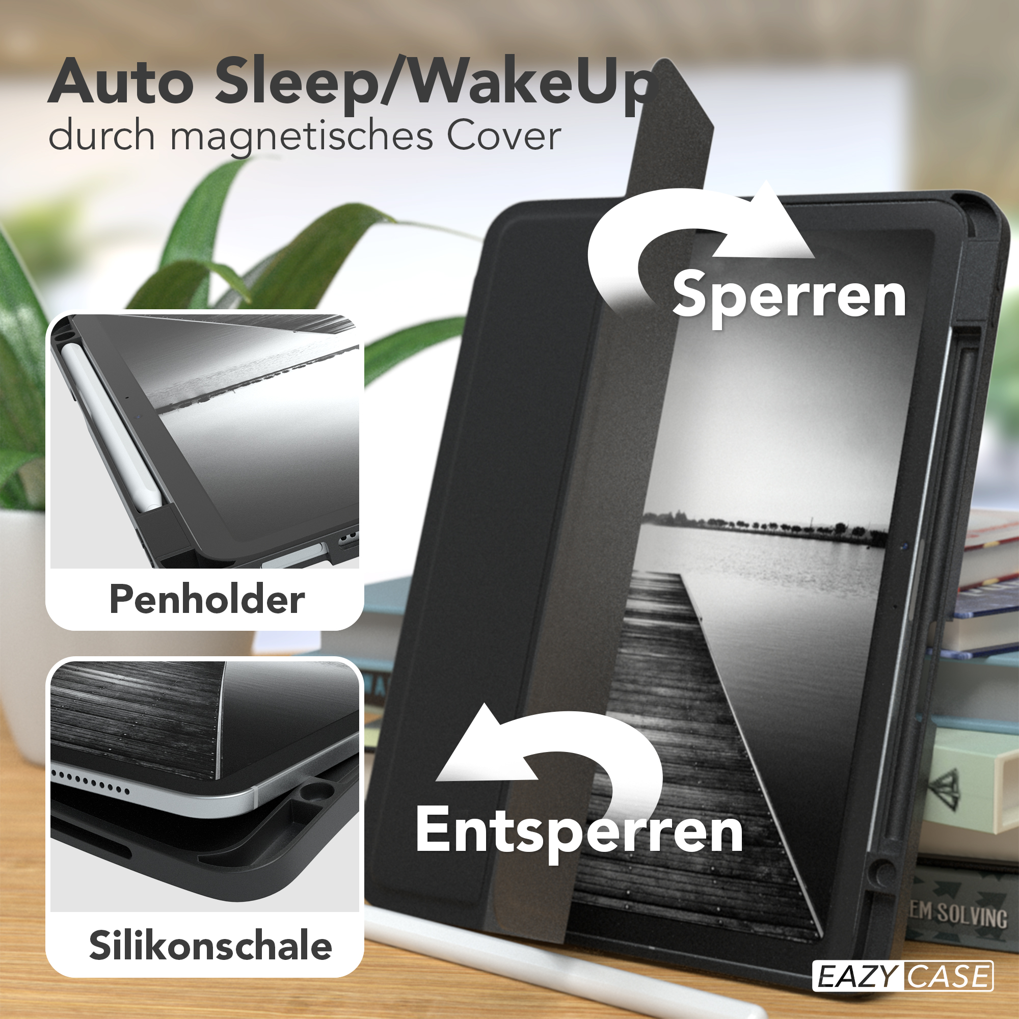 Schwarze Tablethülle mit Stifthalter und Grafik mit 'Sperren' und 'Entsperren'.