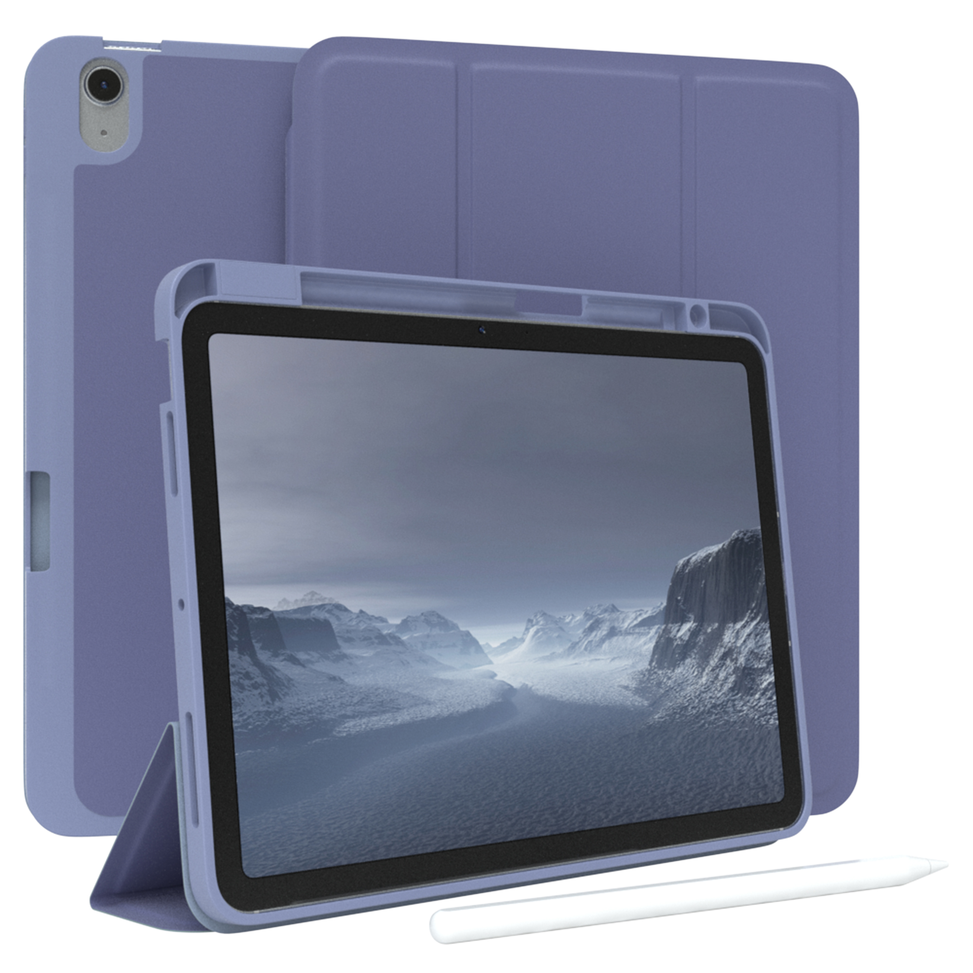 Lila Tablet mit Stift und lila Hülle. Der Bildschirm zeigt eine Berglandschaft.
