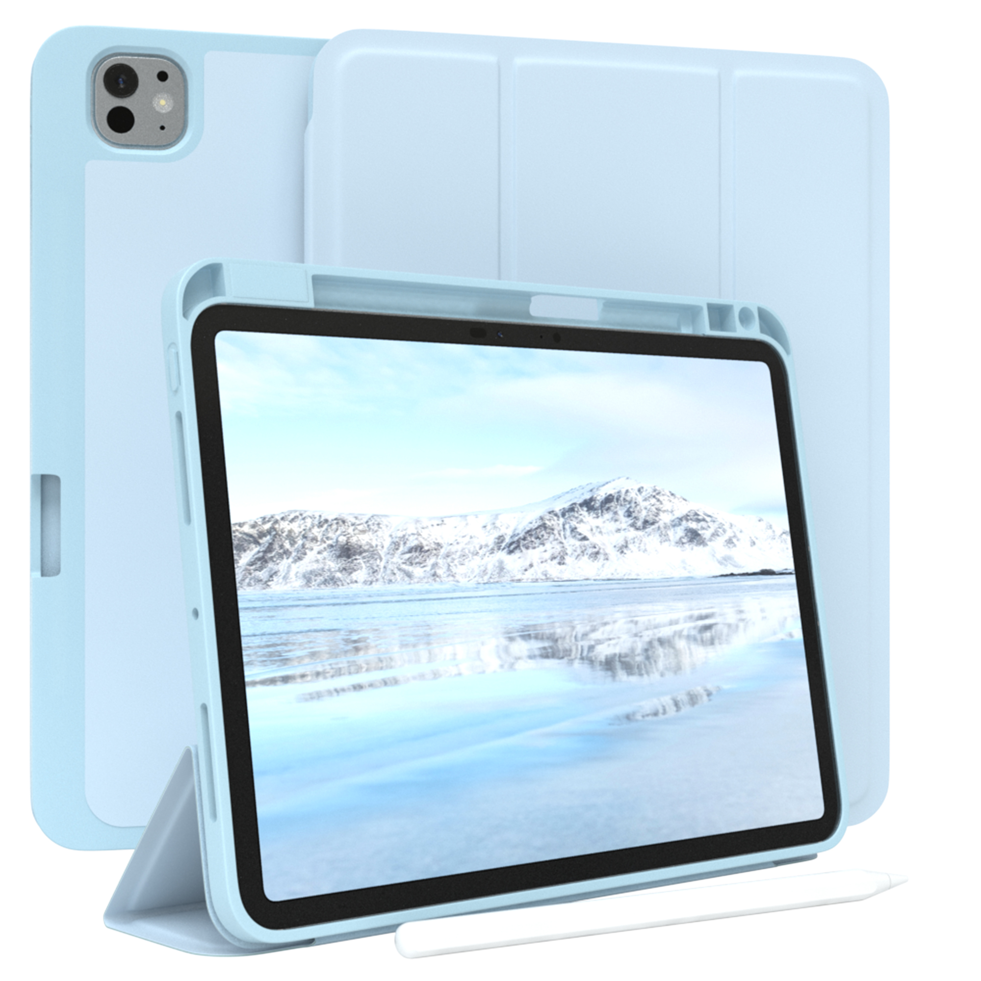 Hellblaue iPad-Hülle mit Displayschutz. iPad in Hülle, weißer Stift. Weißer Hintergrund.