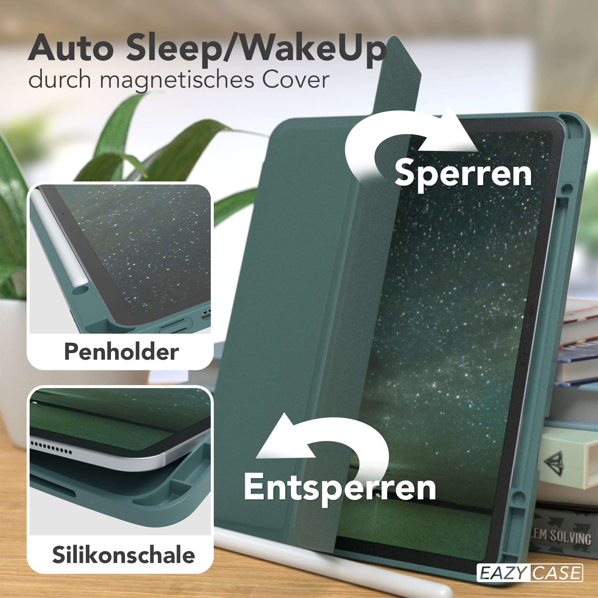Grüne Tablethülle mit Stifthalter und einem Tablet darin.
