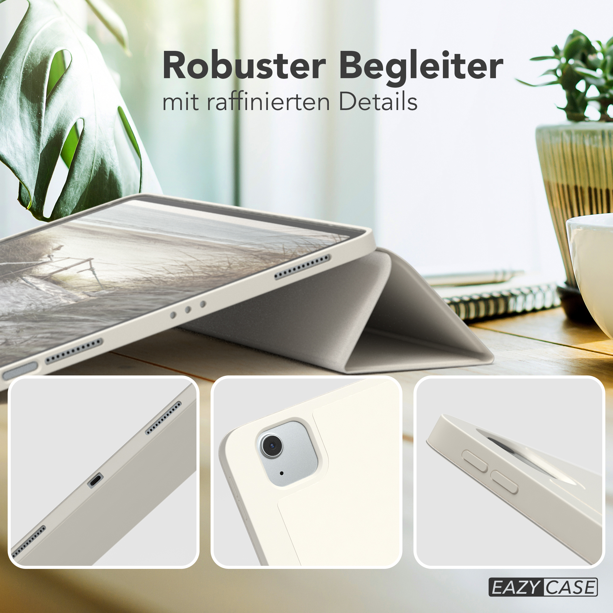 Ein Tablet in einer weißen Hülle mit mehreren Nahaufnahmen der Hüllendetails.