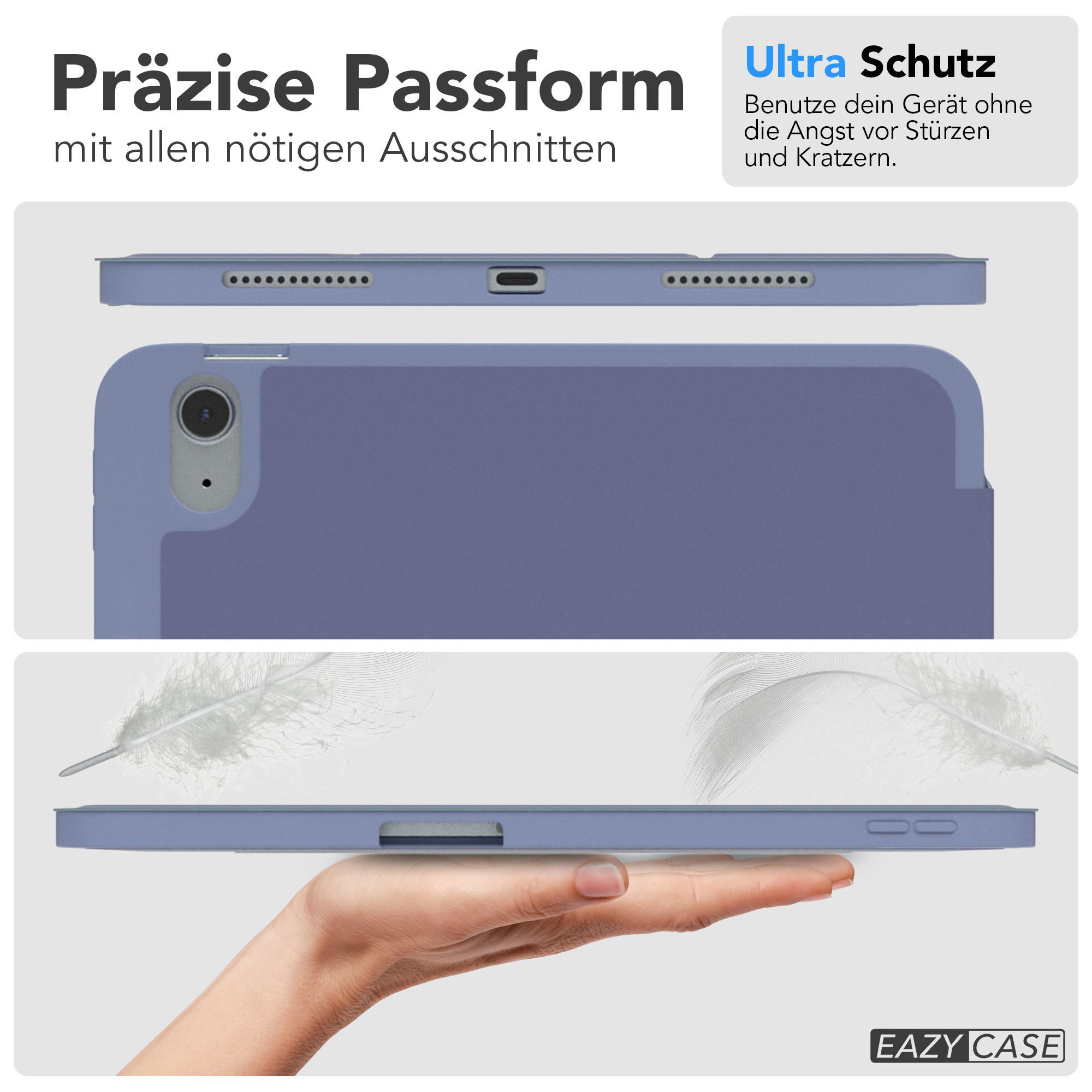 Blaue Hülle für iPad. Text: Präzise Passform, Ultra Schutz. Zwei Ansichten, mit Federgrafik. Weißer Hintergrund.