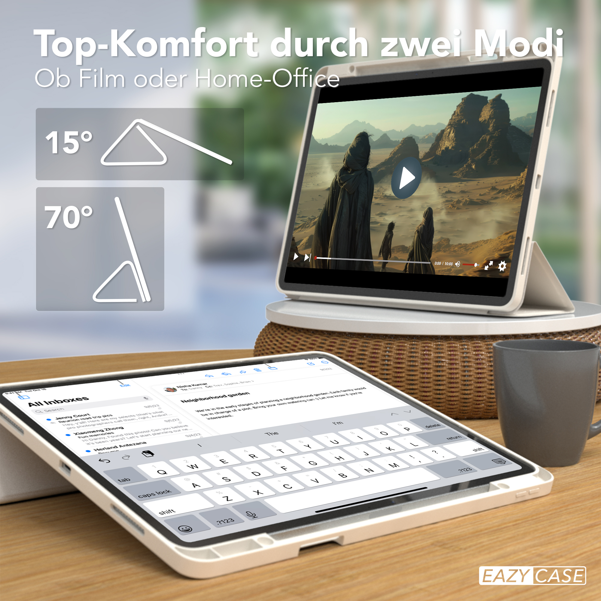 Ein Tablet mit Tastaturhülle. Das Tablet ist in zwei verschiedenen Winkeln aufgestellt. Eine Kaffeetasse ist in der Nähe.