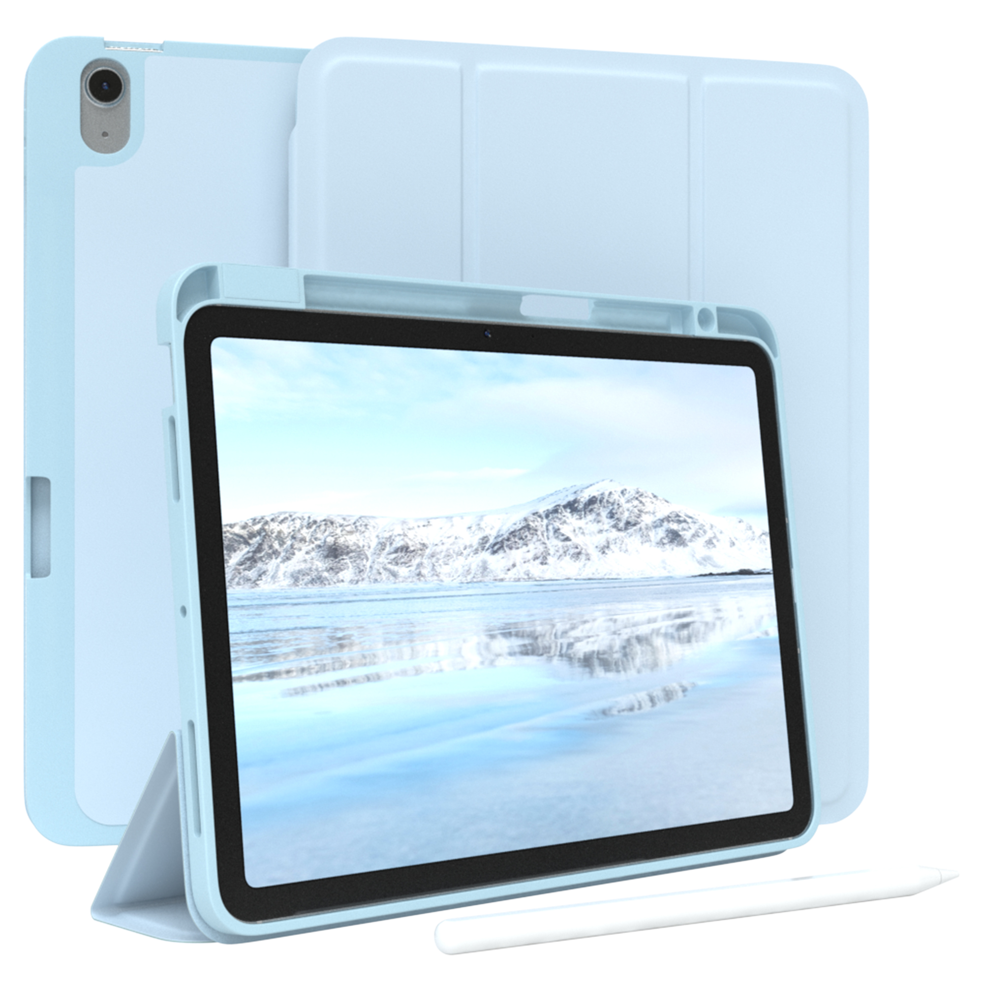 Eine hellblaue iPad-Hülle mit Tablet und Stift. Die Hülle ist aufgestellt, der Hintergrund ist weiß.