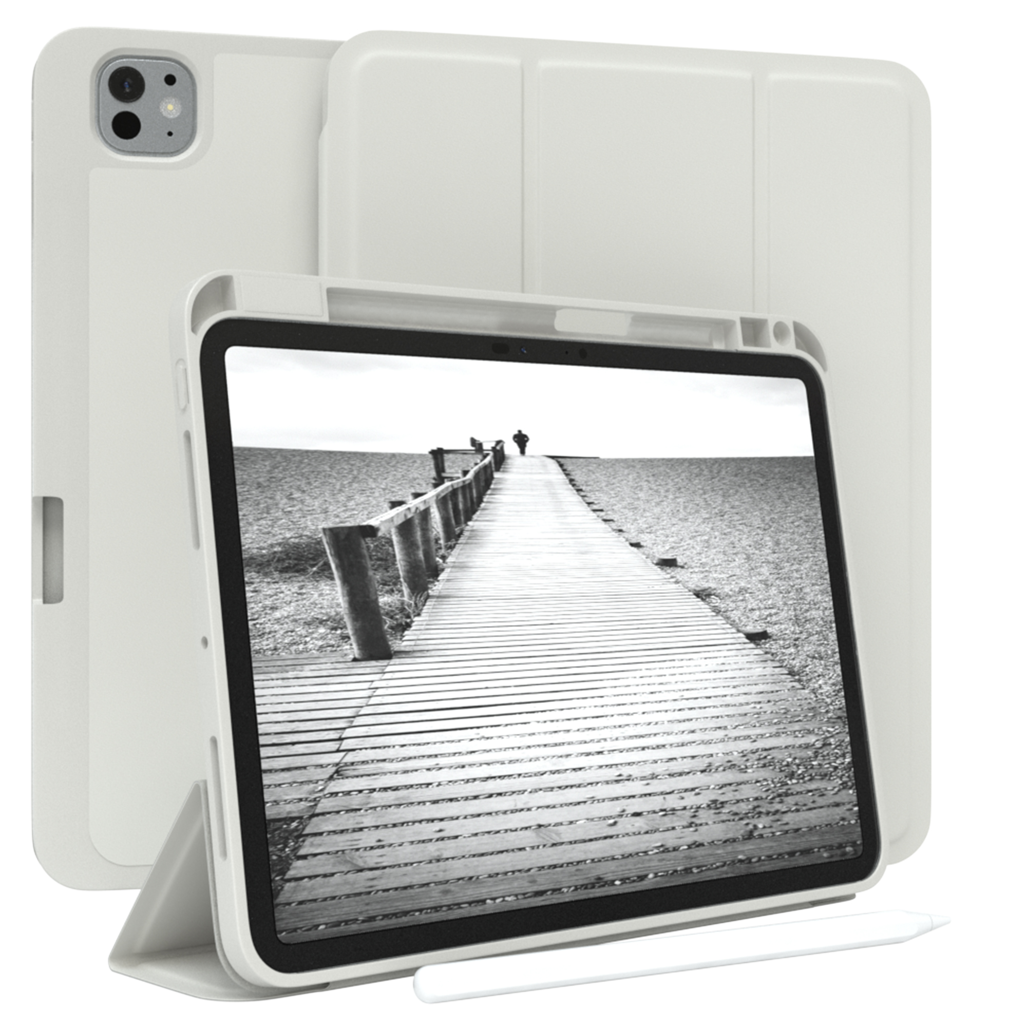 Weiße iPad-Hülle mit einer schwarz-weißen Strandszene auf dem Bildschirm. Stift ist vorne.