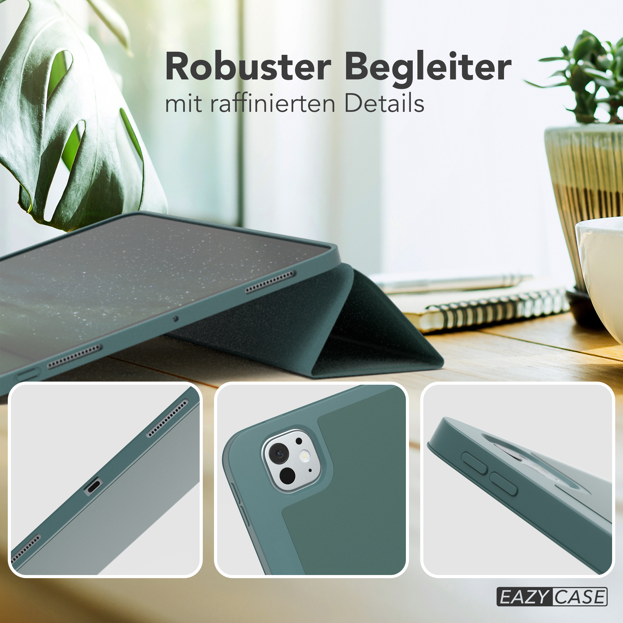 Eine tealfarbene Tablethülle mit einem Tablet darin. Details der Hülle sind gezeigt. Die Hülle liegt auf einem Holztisch.