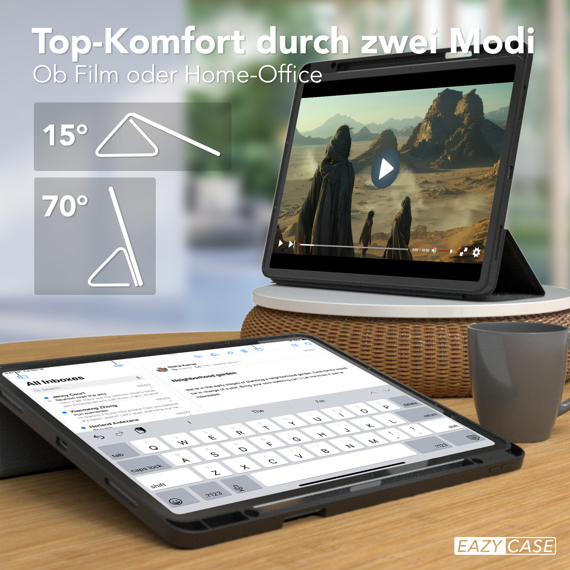 Tablet mit Tastaturhülle und Landschaftsansicht, mit Text angezeigt.