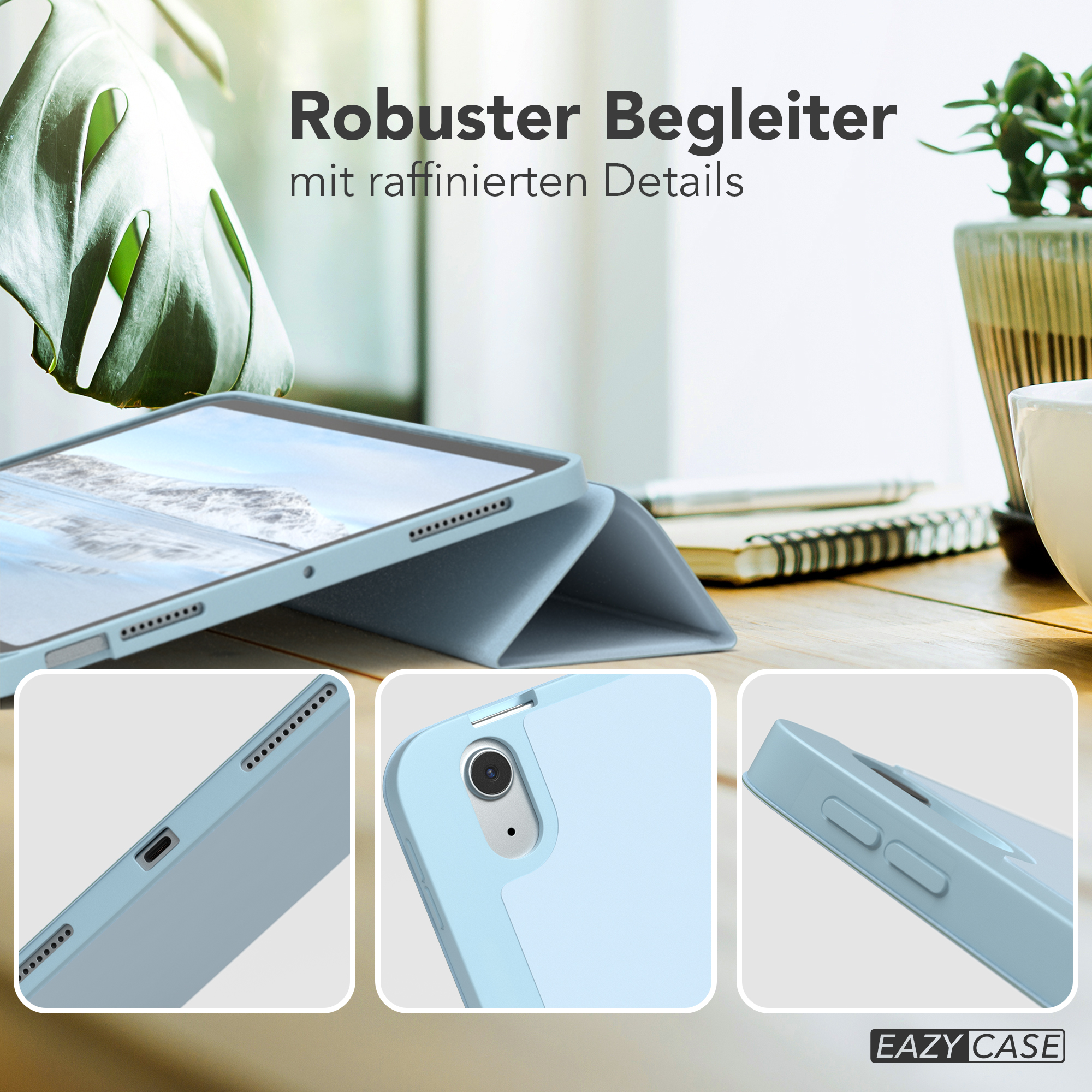 Eine hellblaue Tablethülle mit einem Tablet darin. Es gibt Nahaufnahmen.