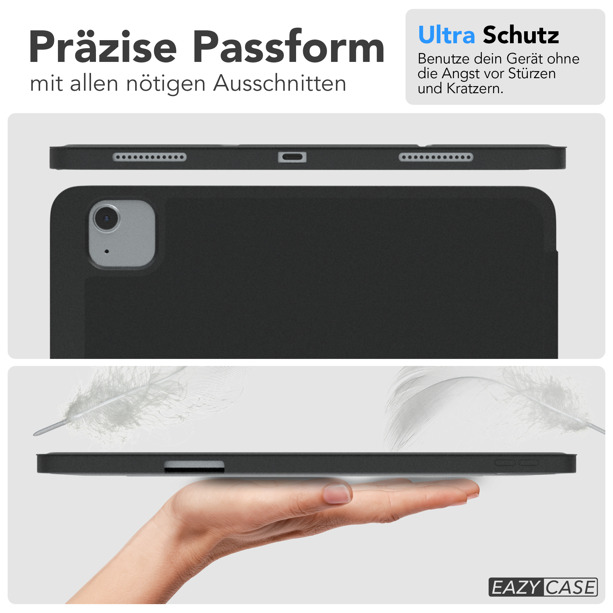 Eine schwarze Hülle für iPad mit Text darauf. Die Hülle wird aus verschiedenen Winkeln mit Federn gezeigt.