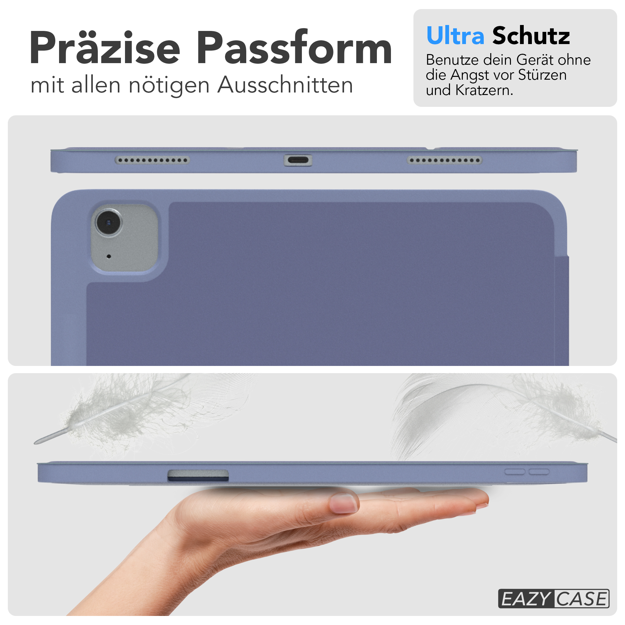 Tablet-Hülle mit blauem Cover. Draufsicht, Seitenansicht und Rückansicht gezeigt. Hand hält die Hülle.