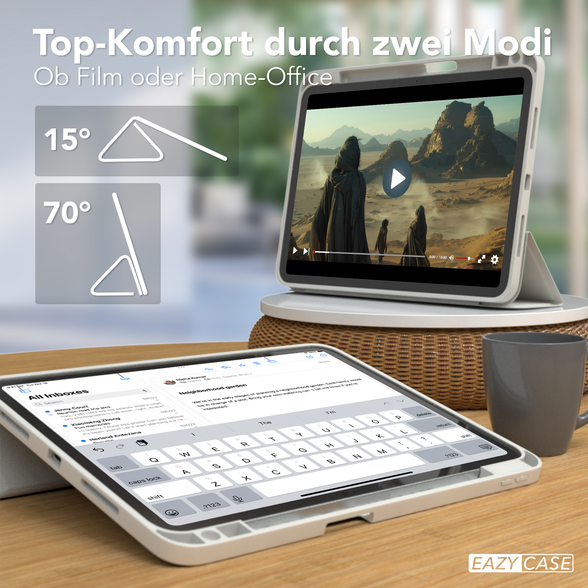 Zwei iPads, eines zeigt einen Film, das andere eine Tastatur. Text überlagert oben.
