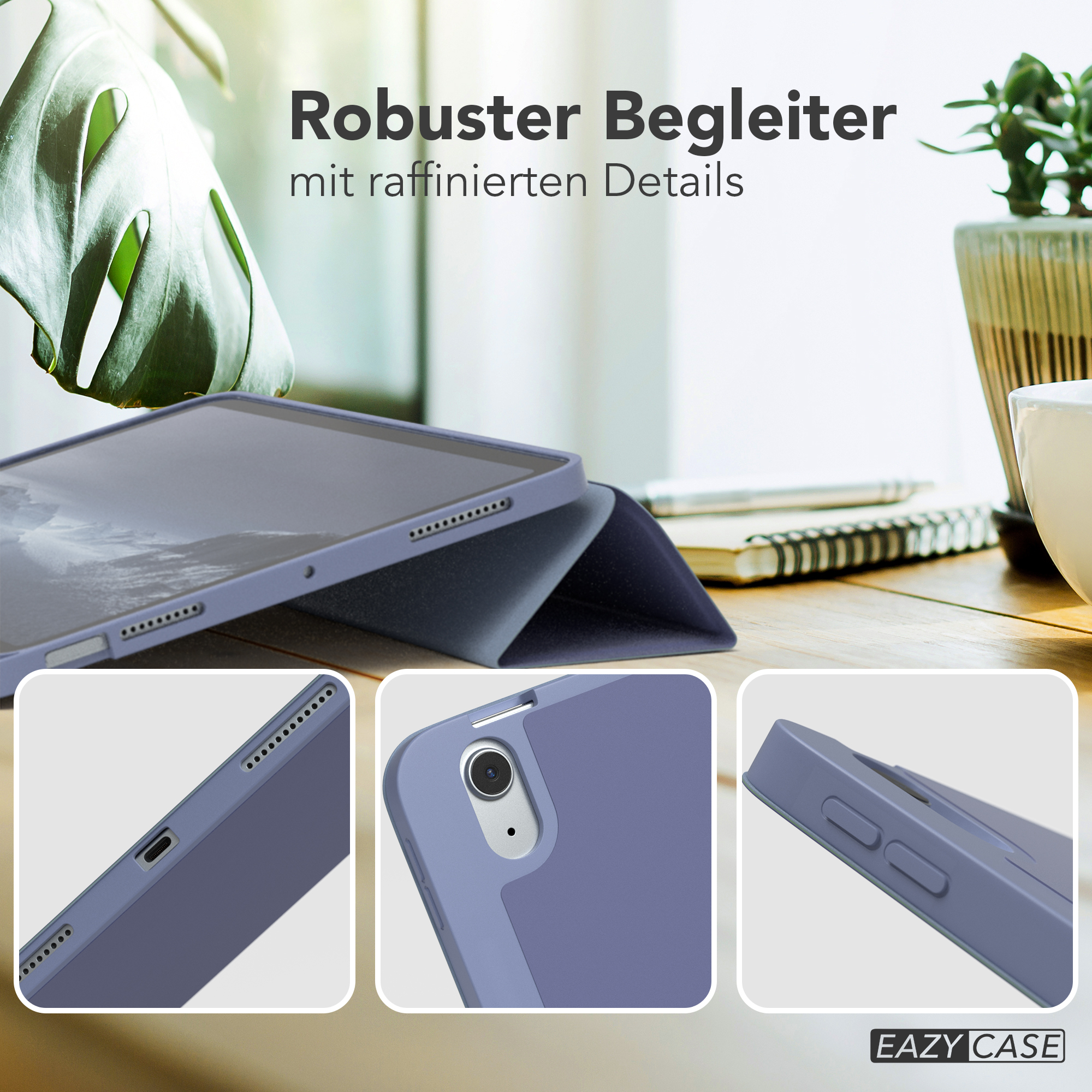 Tablet in einer blauen Hülle auf einem Holztisch. Text oben. Nahaufnahme der Hülle.