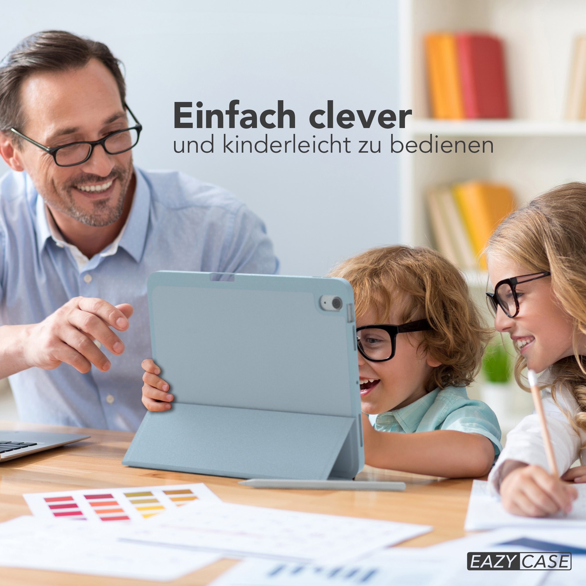 Vater, Kinder mit Tablet, Text: 'Einfach clever und kinderleicht zu bedienen'.
