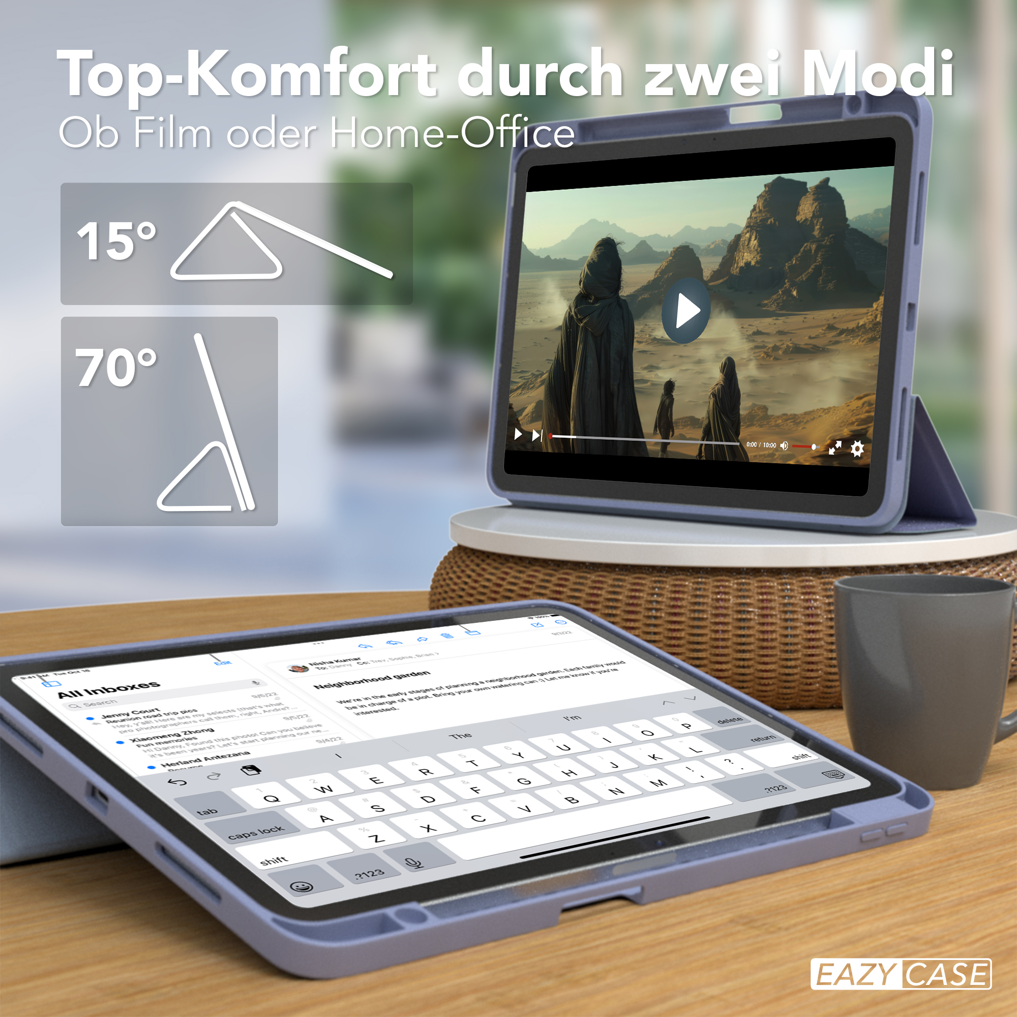 Ein Tablet in einem blauen Gehäuse, das ein Video und einen Posteingang zeigt, sowie ein Kaffeetasse.