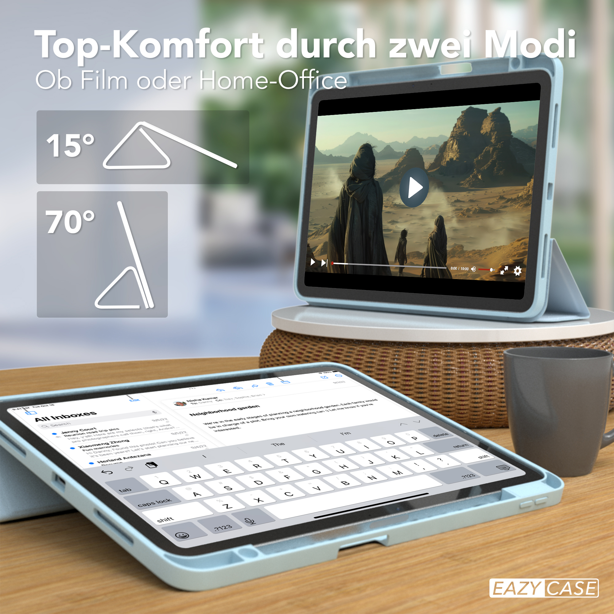 Tablet und Hülle, mit Tastatur und Bildschirm, der ein Video und Text zeigt.
