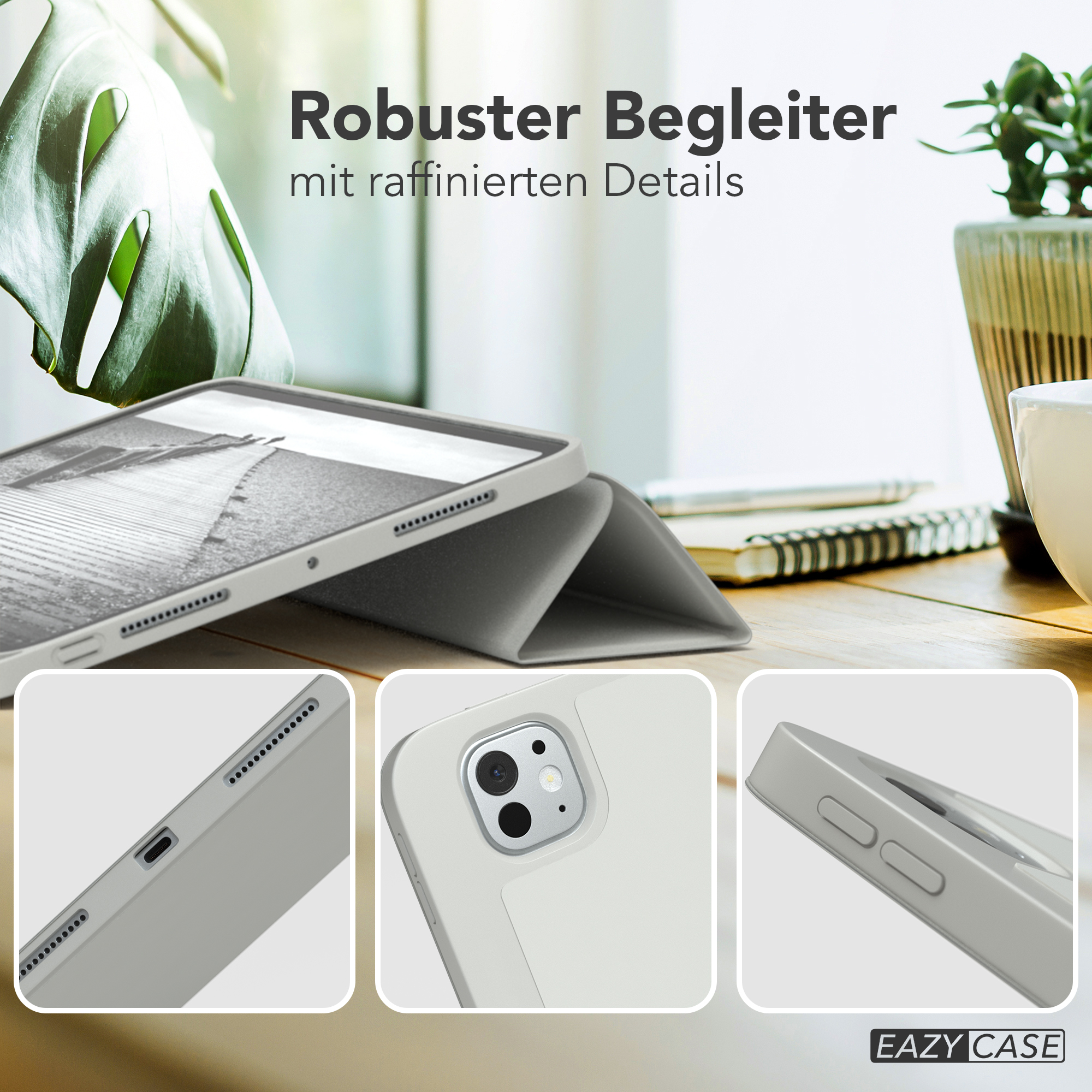 Ein Tablet mit Hülle, neben einem Stift und einer Pflanze, mit Nahaufnahmen der Hülle.