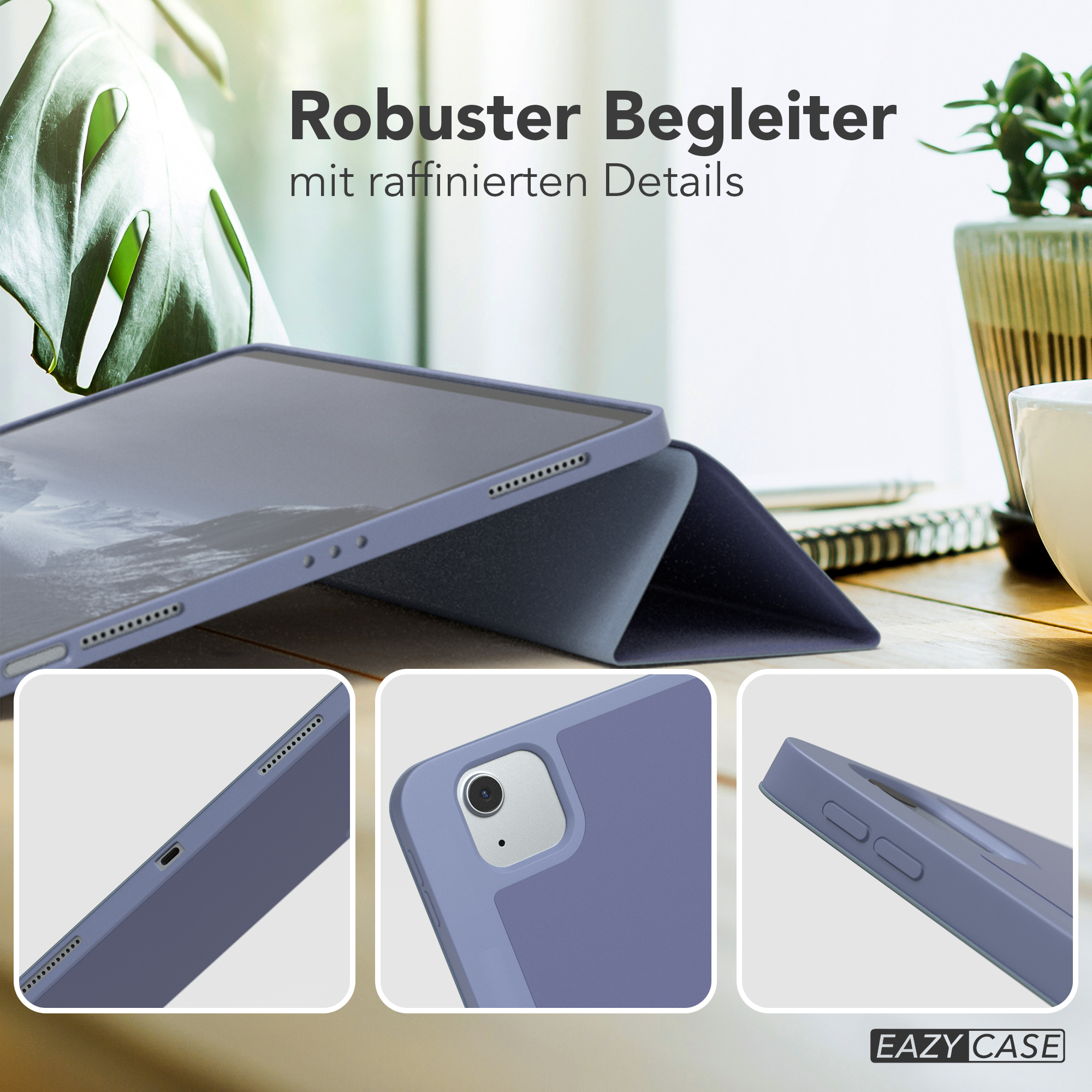 Tablethülle mit Tablet. Zeigt Details der Hülle: Anschlüsse, Knöpfe. Text: 'Robuster Begleiter'.