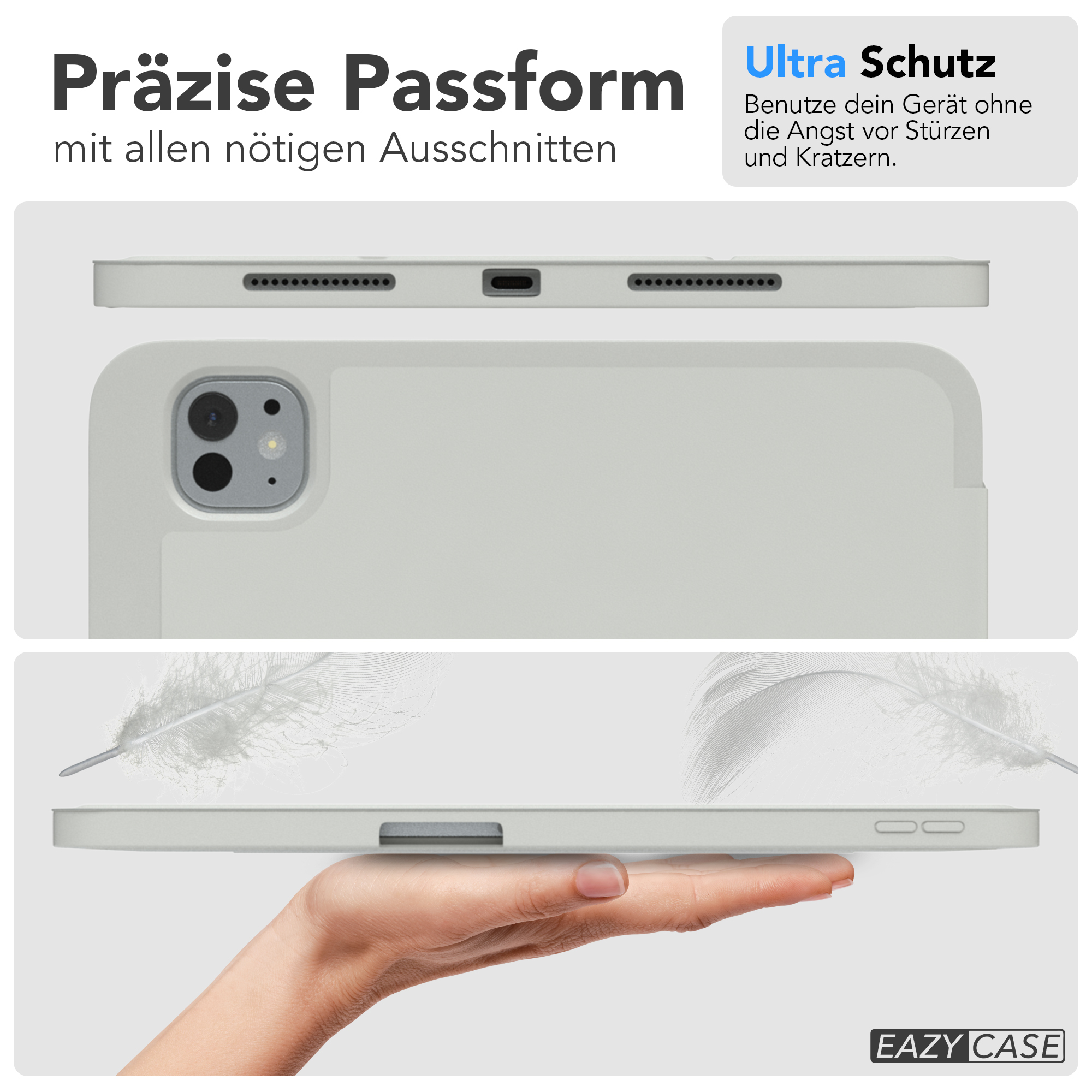 Weiße Tablet-Hülle mit Tablet, Ansichten von oben und der Seite. Text auf Deutsch.