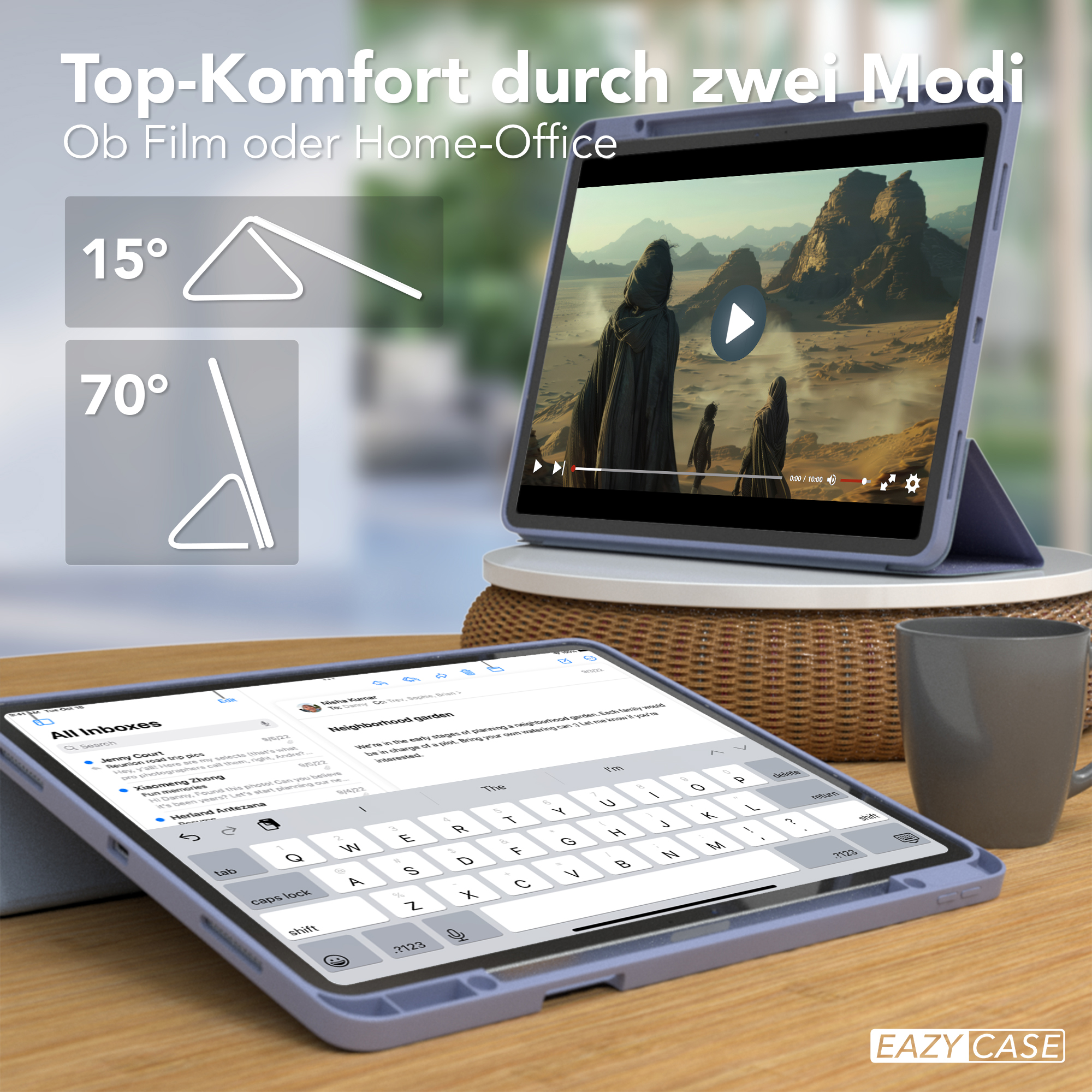 Ein Tablet wird in zwei Positionen angezeigt. Es hat eine Hülle und liegt auf einem Holztisch. Text sagt "Eazy Case".