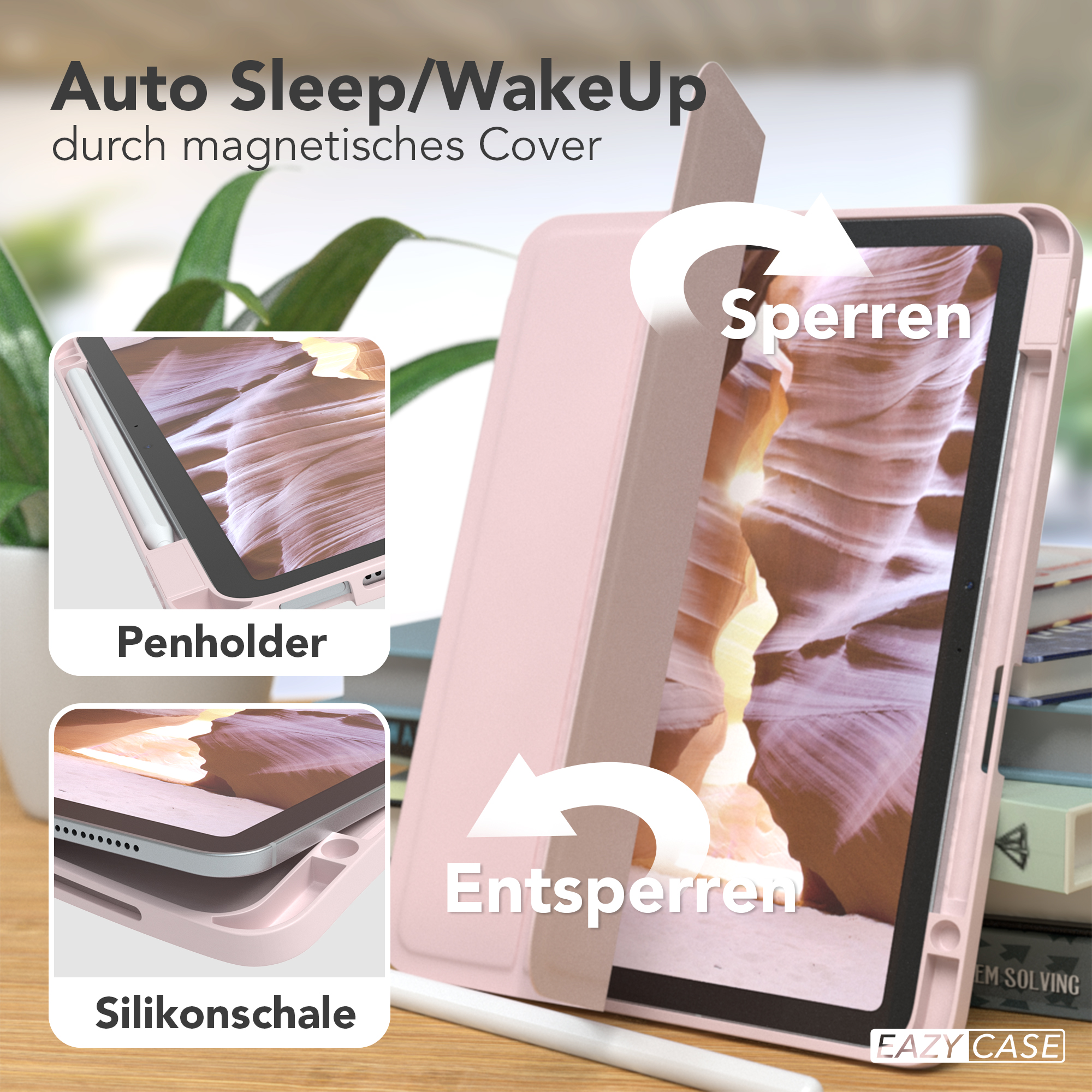 Eine rosa Tablet-Hülle mit den Aufschriften Penholder und Silikonschale, die ein Tablet zeigt. Weißer Hintergrund.