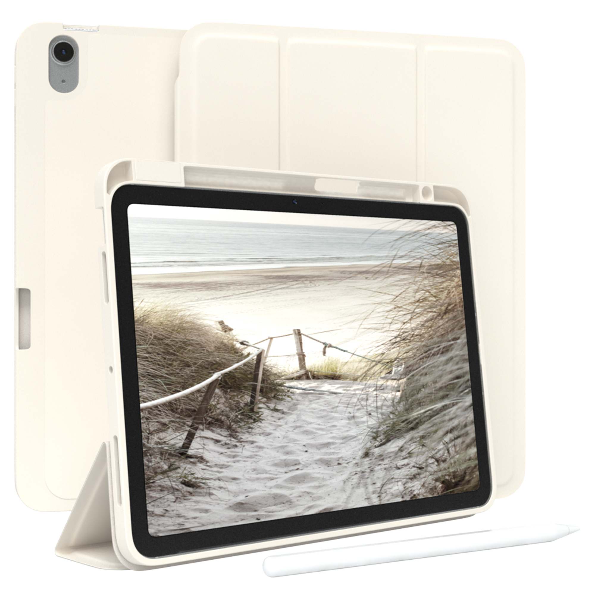 Weißes Tablet mit Strandbildschirm, Hülle und Stift, auf weißem Hintergrund.