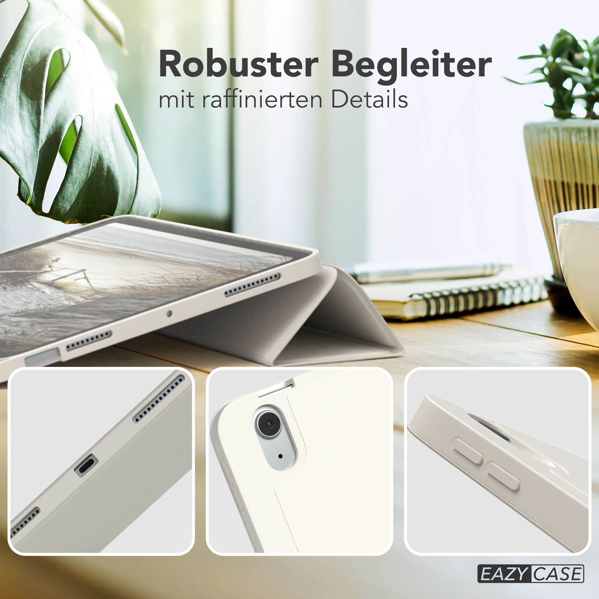 Tablet-Hülle, beige mit Detailaufnahmen von Anschlüssen, Knöpfen und der Seite.