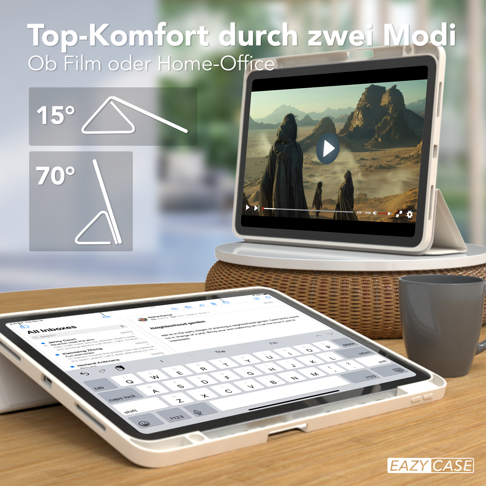 Ein hellblaues Tablet mit Tastaturhülle, in zwei verschiedenen Winkeln aufgestellt, zeigt ein Video und eine Tastatur.