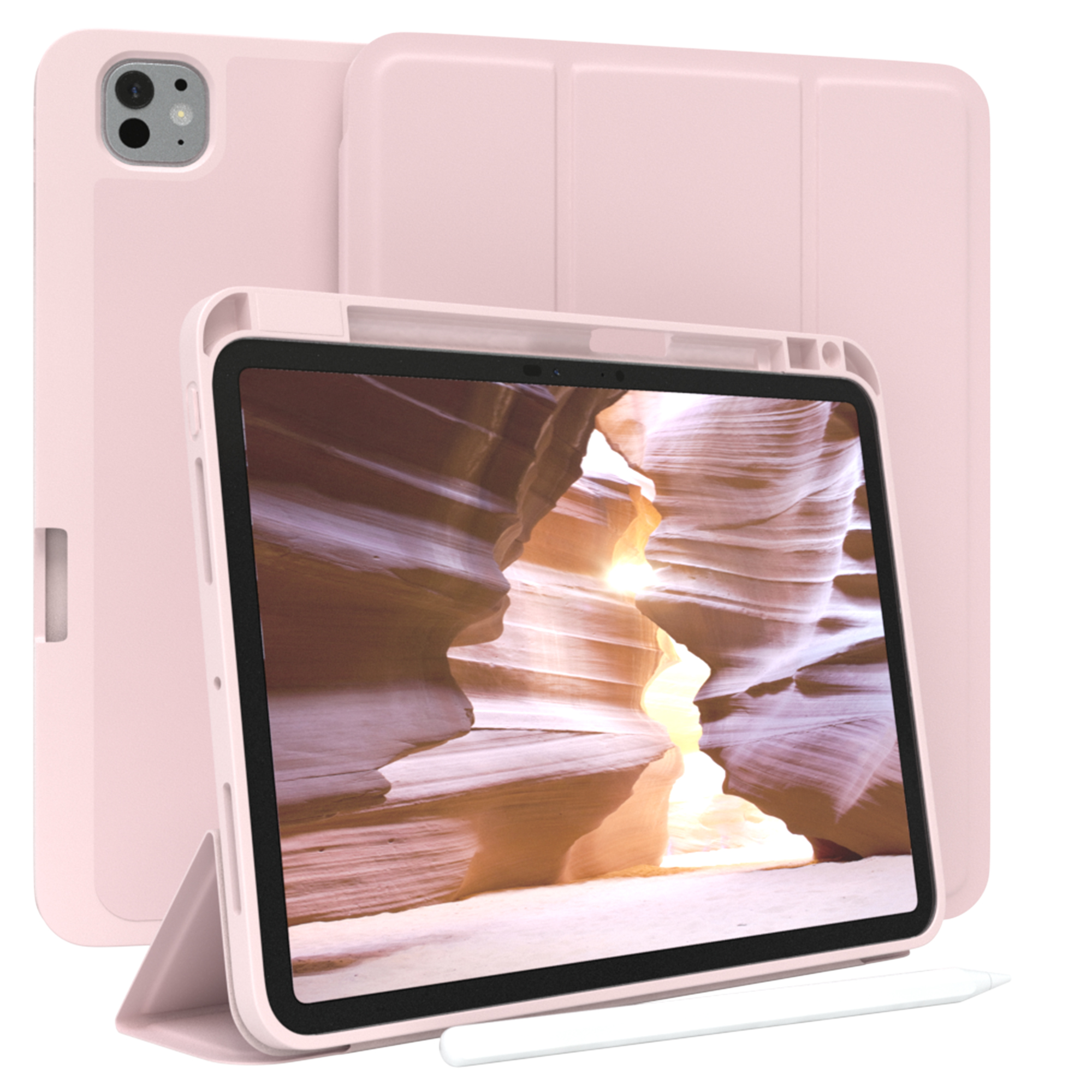 Rosa Tablet in rosa Hülle, mit Landschaftsbild auf dem Bildschirm.