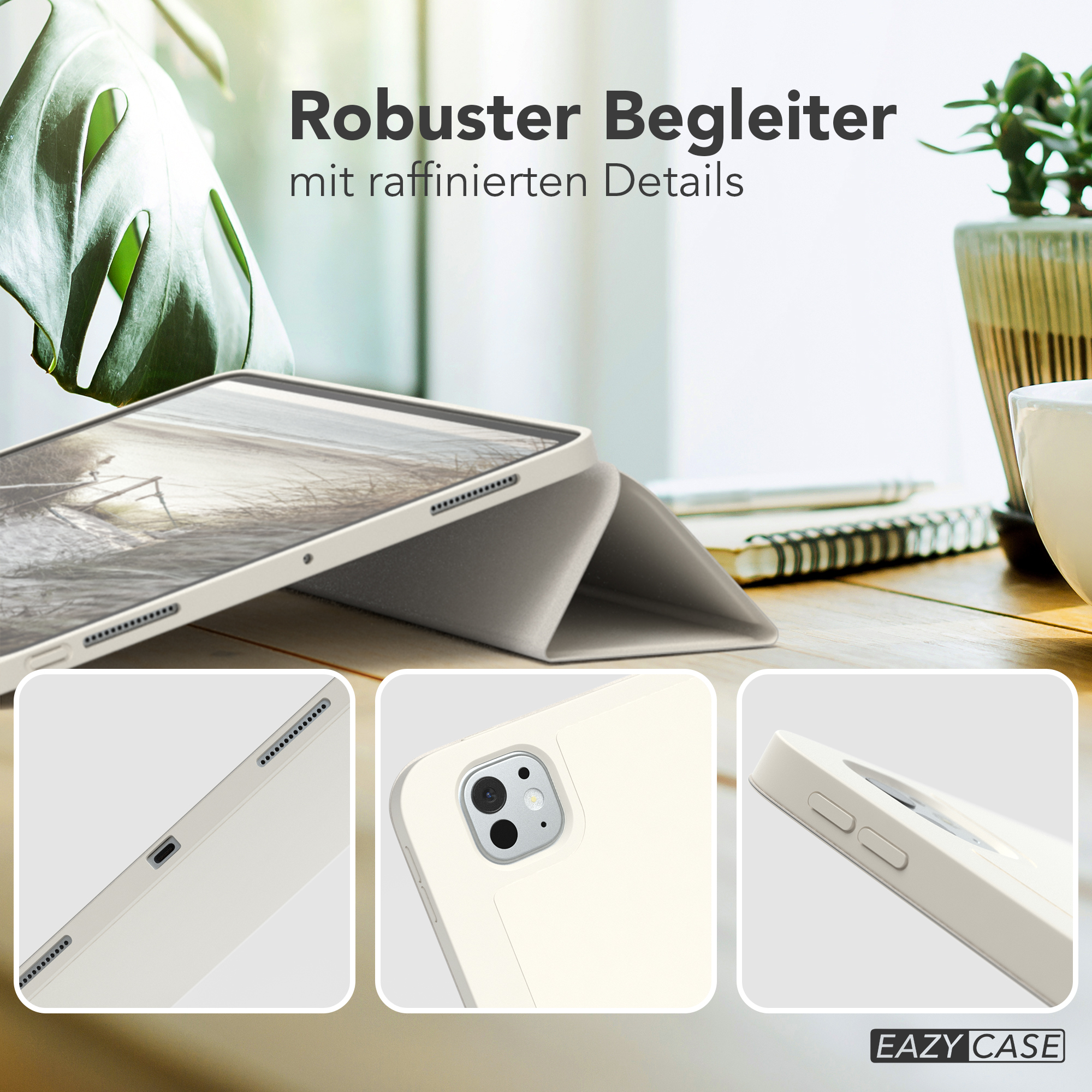 Ein weißes Tablet-Case mit einem Tablet darin. Nahaufnahmen der Details.