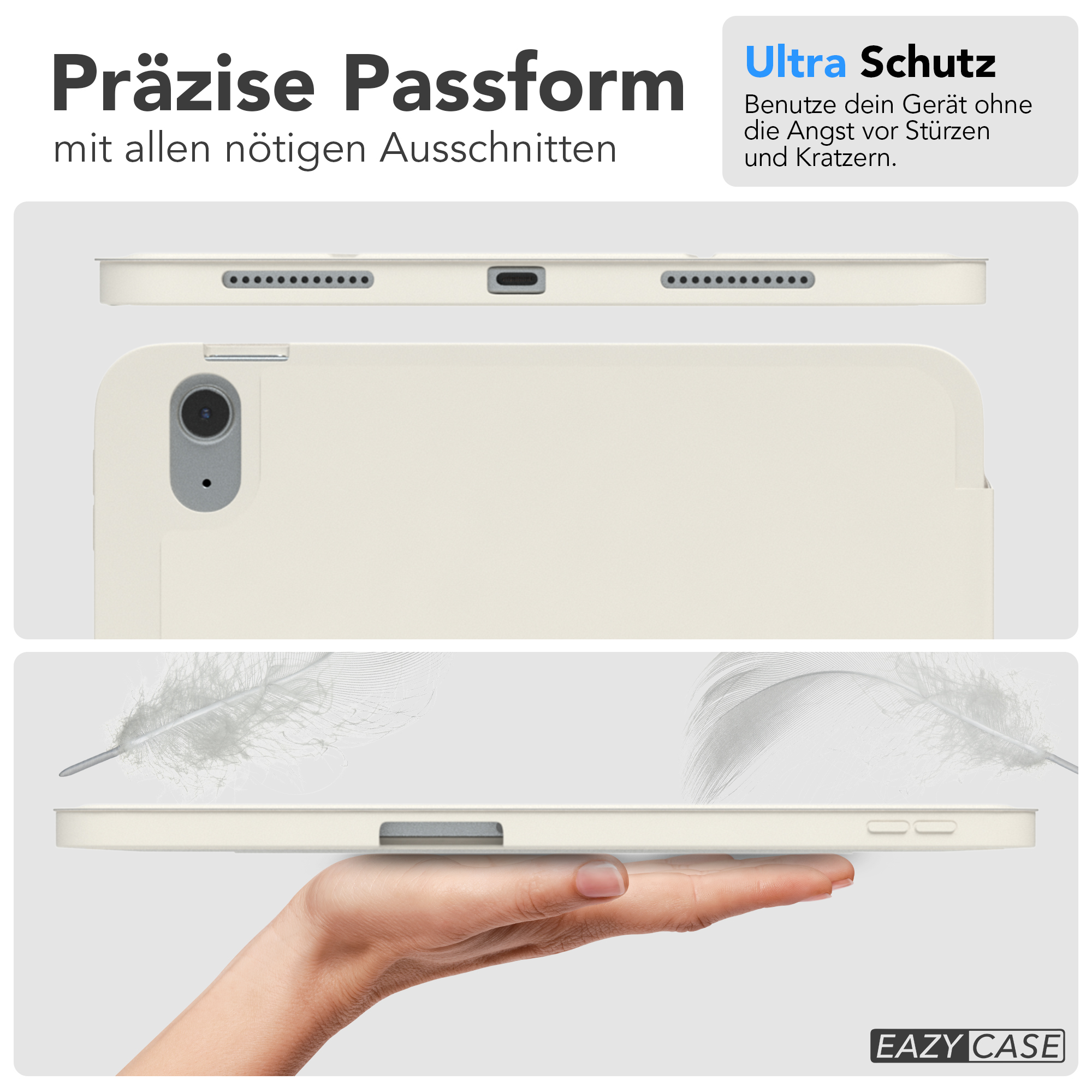 Tablet in einer cremefarbenen Hülle. Nahaufnahme der Hülle. Text über Schutzfunktionen.
