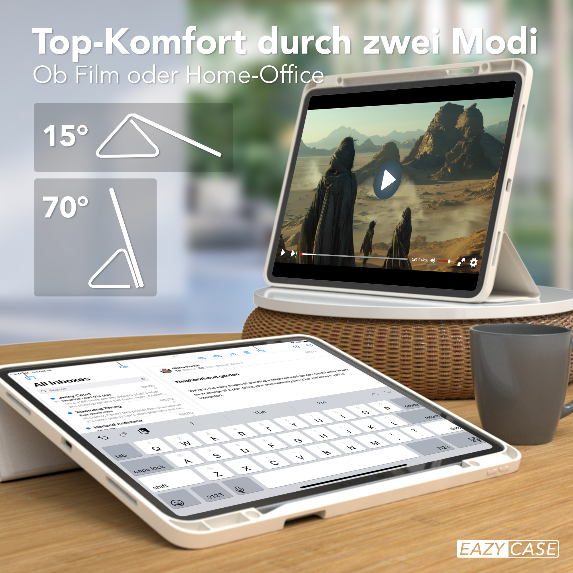 Eine iPad-Hülle mit einem iPad, das zwei Standpositionen zeigt: 15 und 70 Grad.