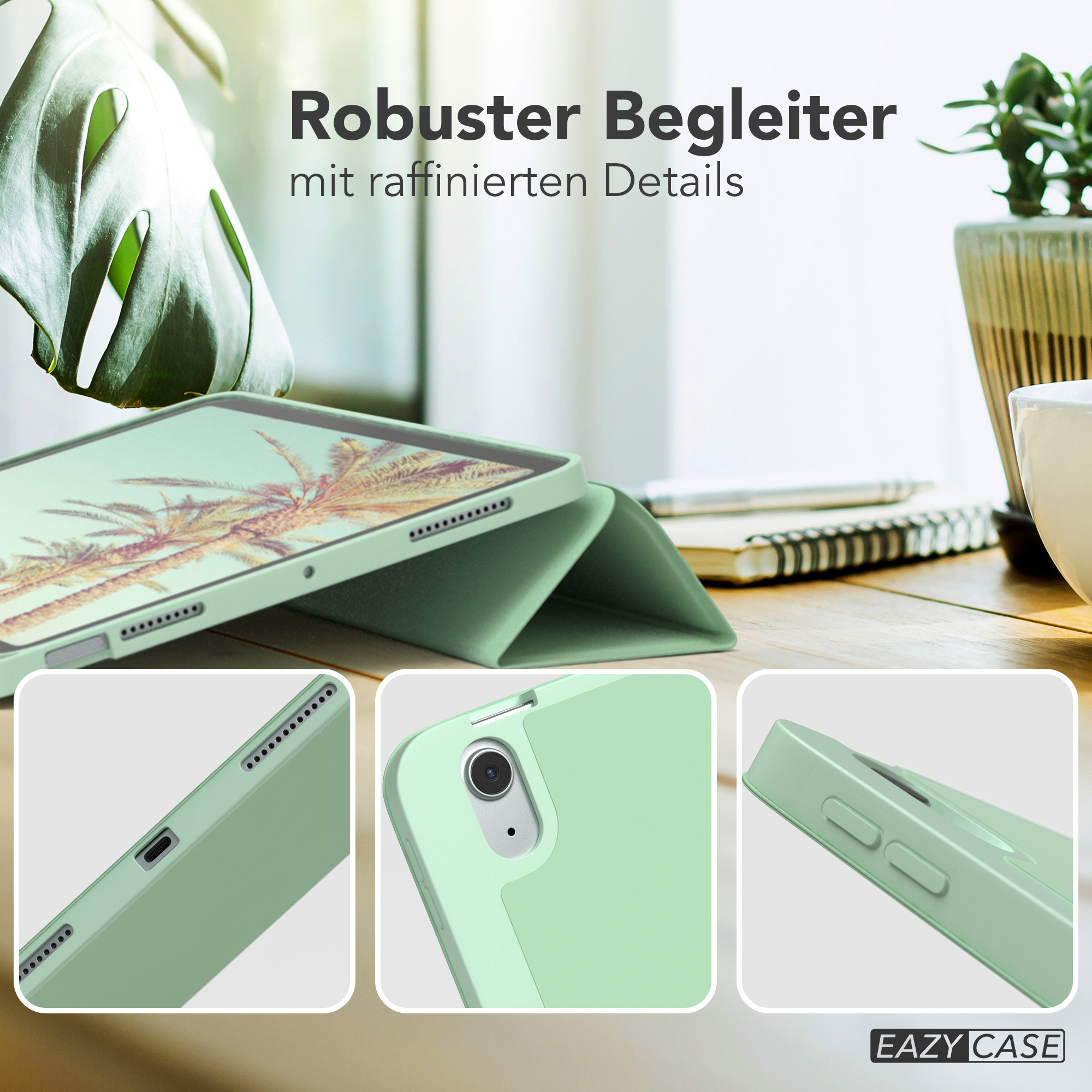 Eine mintgrüne iPad-Hülle mit Nahaufnahmen von Tasten und Anschlüssen.