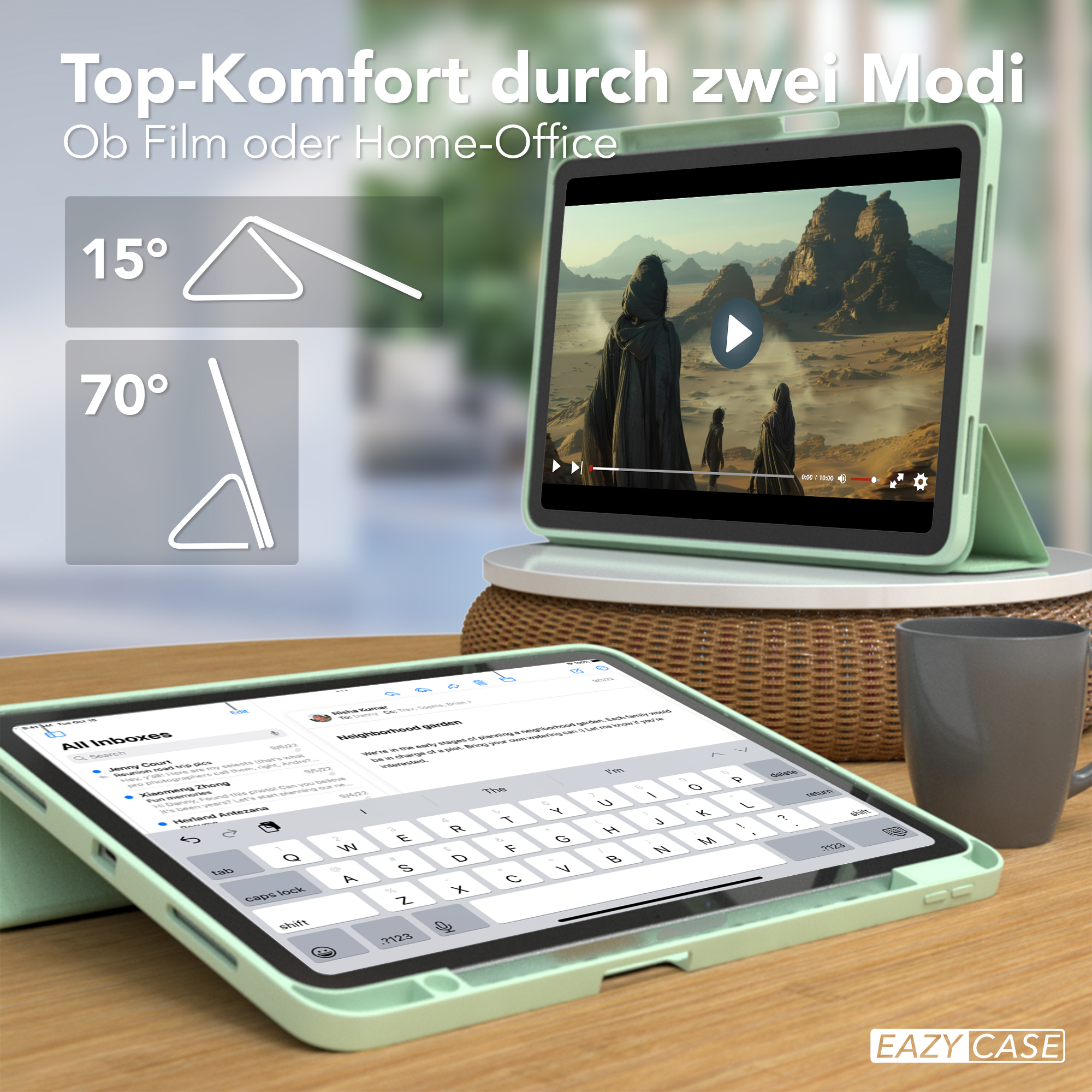 Tablet zeigt ein Video und ein weiteres mit Tastatur. Beide befinden sich in grünen Hüllen.