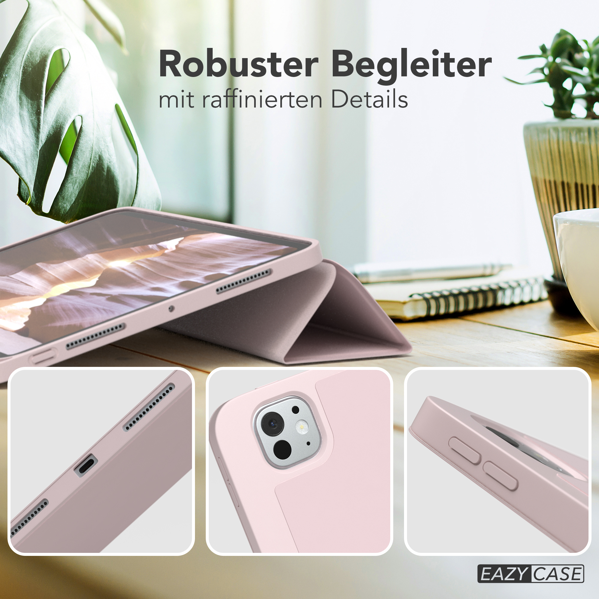 Ein iPad in einer rosa Hülle, mit Details der Hülle im Vordergrund.